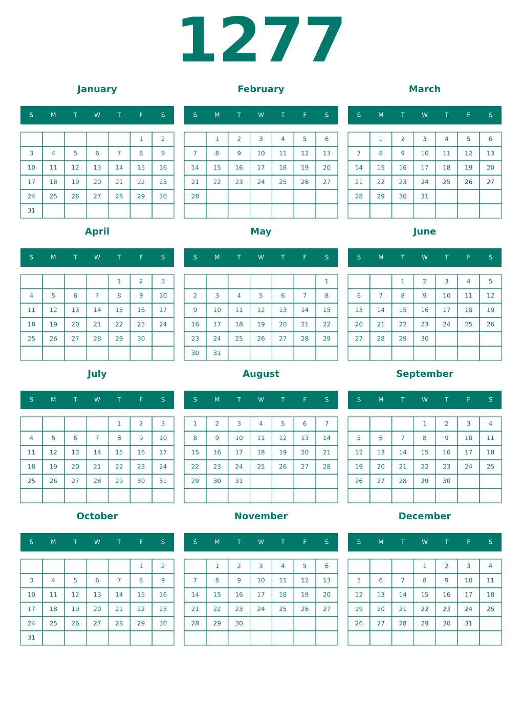 Printable 1277 Year Calendars pastel
