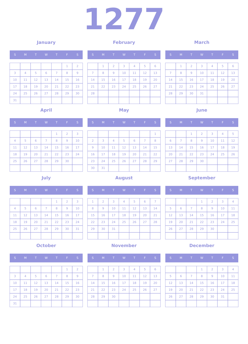 Printable 1277 Year Calendars periwinkle