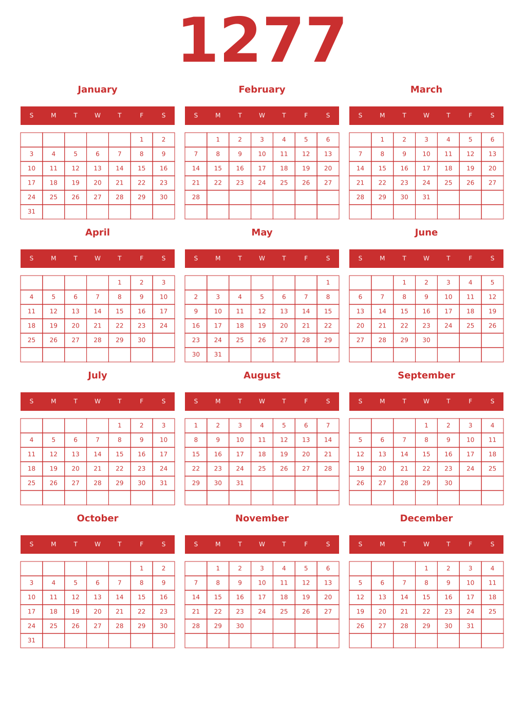Printable 1277 Year Calendars red