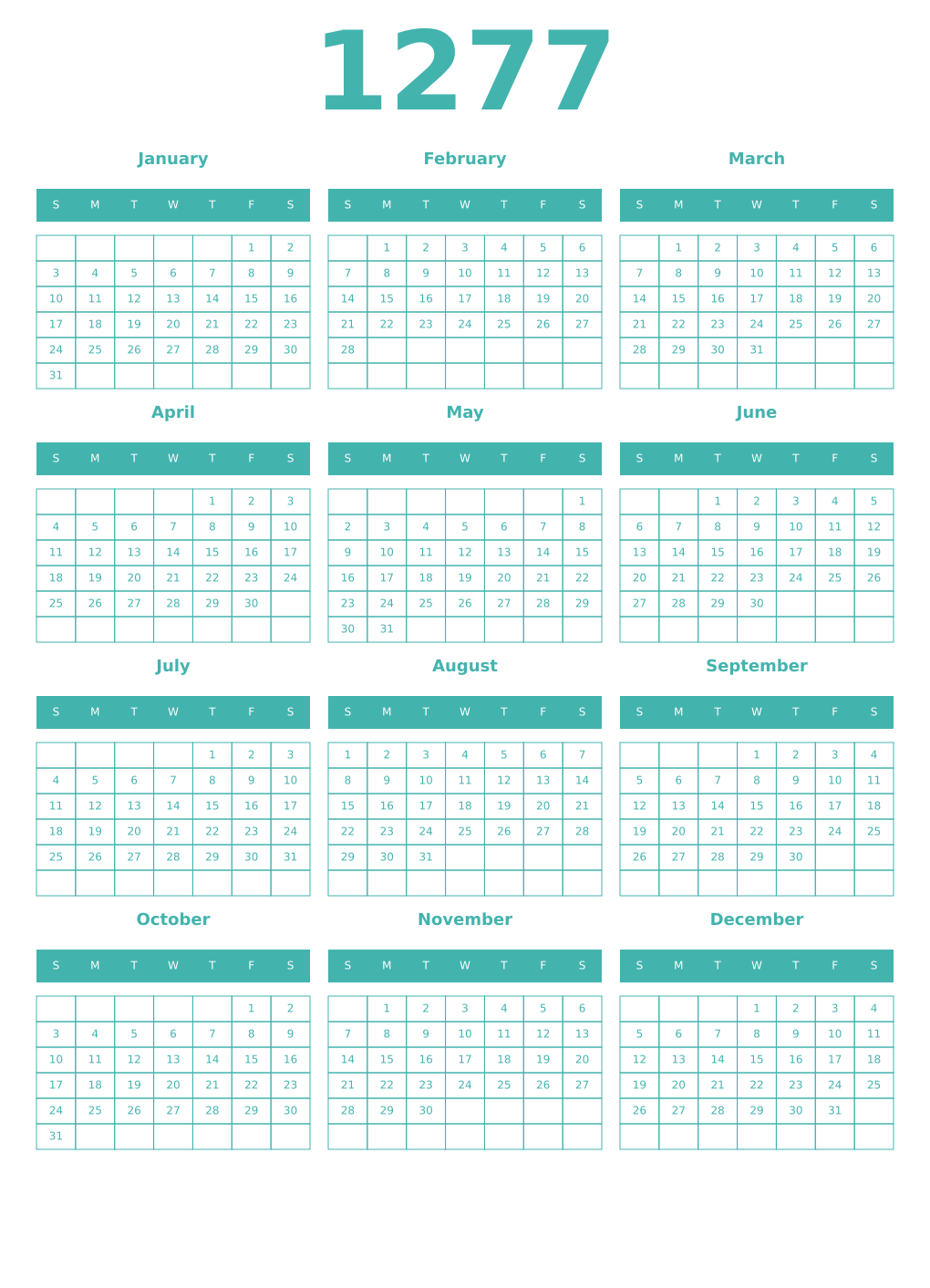 Printable 1277 Year Calendars verdigris