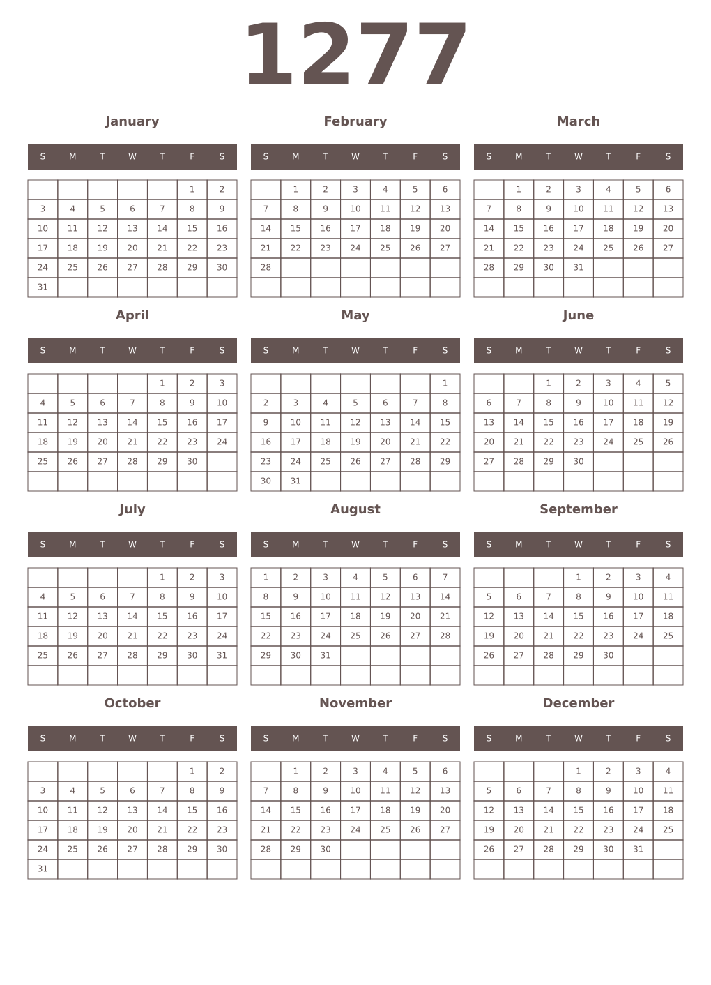 Printable 1277 Year Calendars wenge