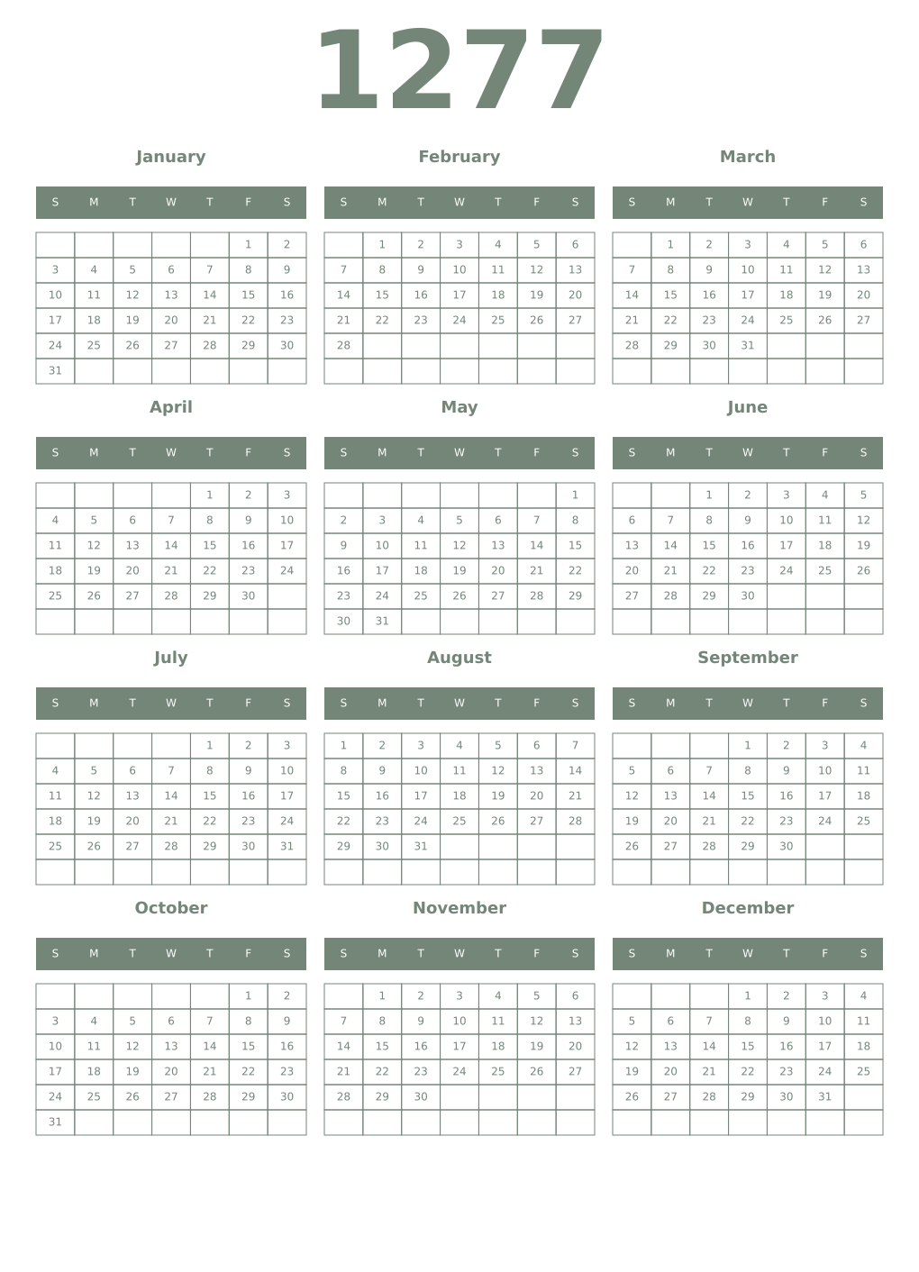 Printable 1277 Year Calendars xanadu