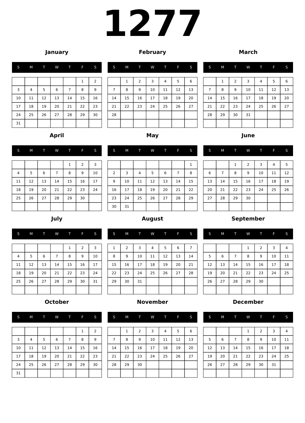 Printable 1277 Calendars