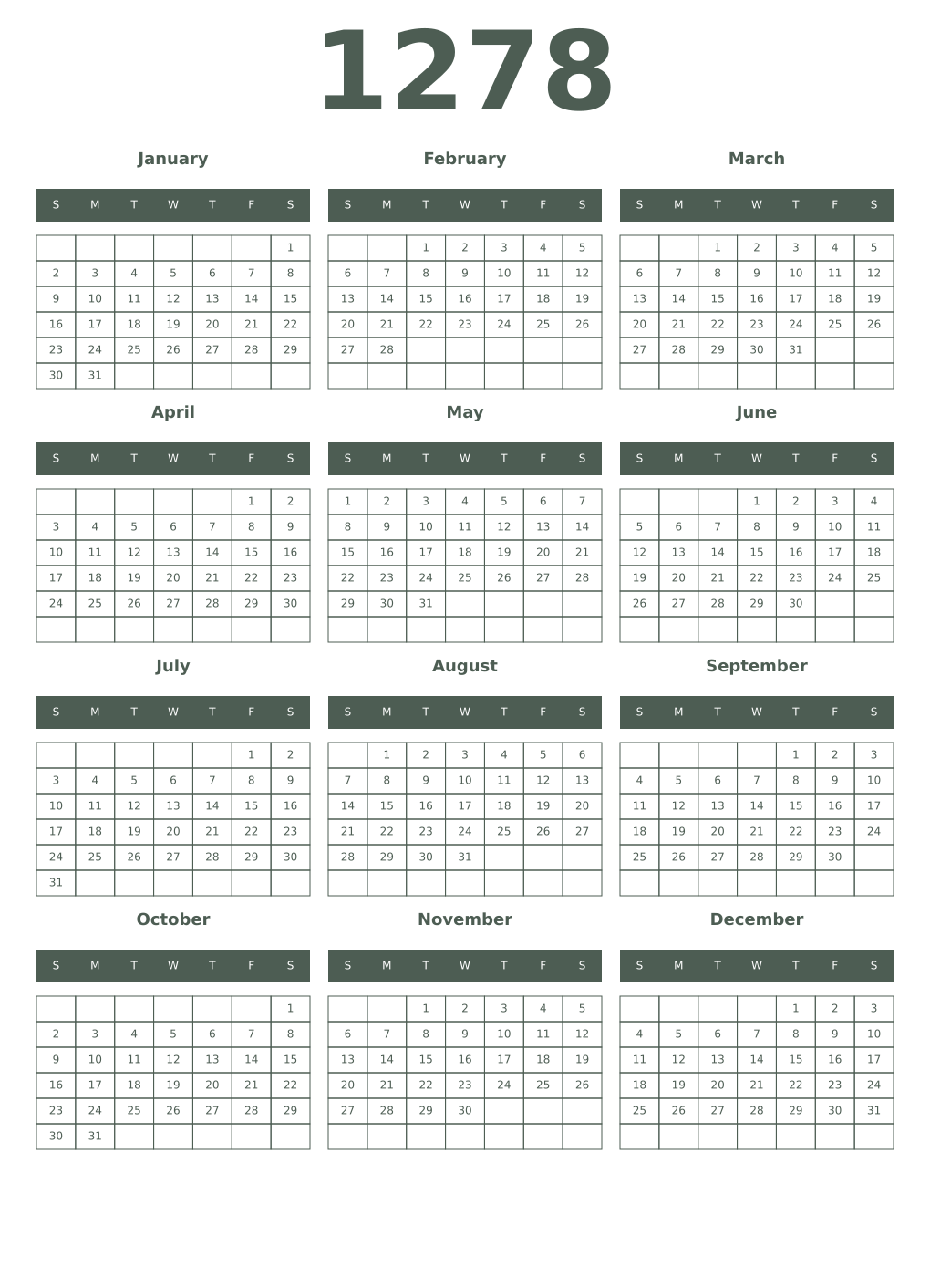 Printable 1278 Year Calendars feldgrau