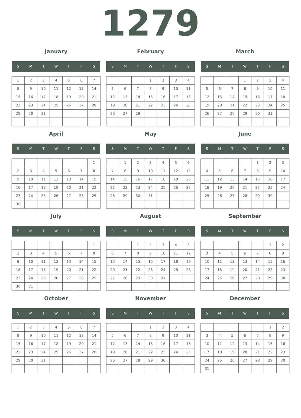 Printable 1279 Year Calendars feldgrau