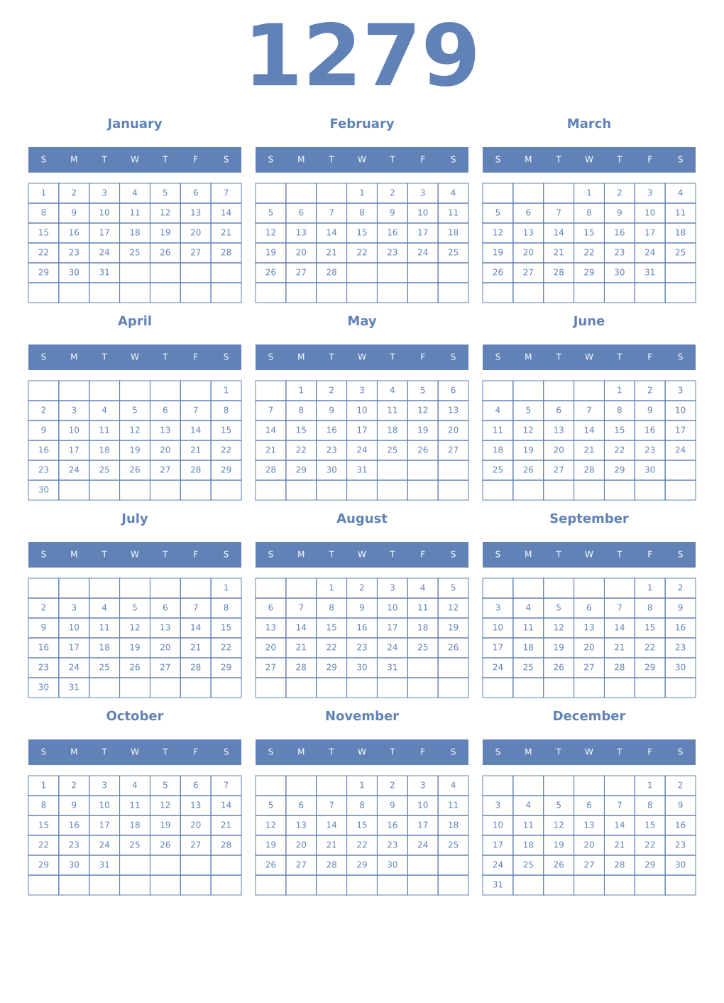 Printable 1279 Year Calendars glaucous