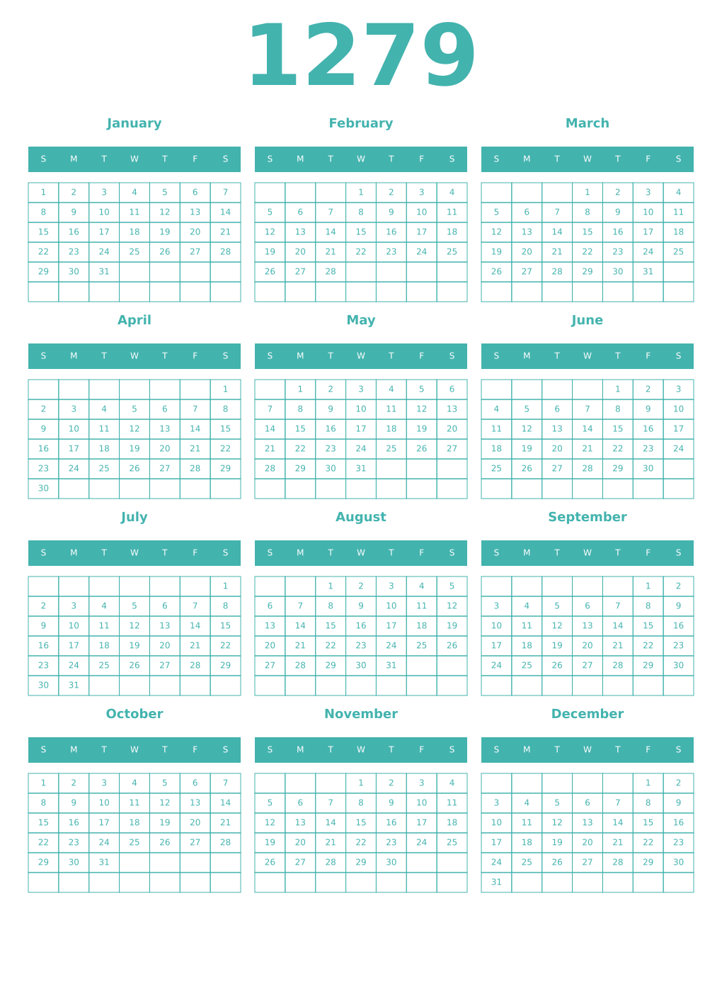 Printable 1279 Year Calendars verdigris