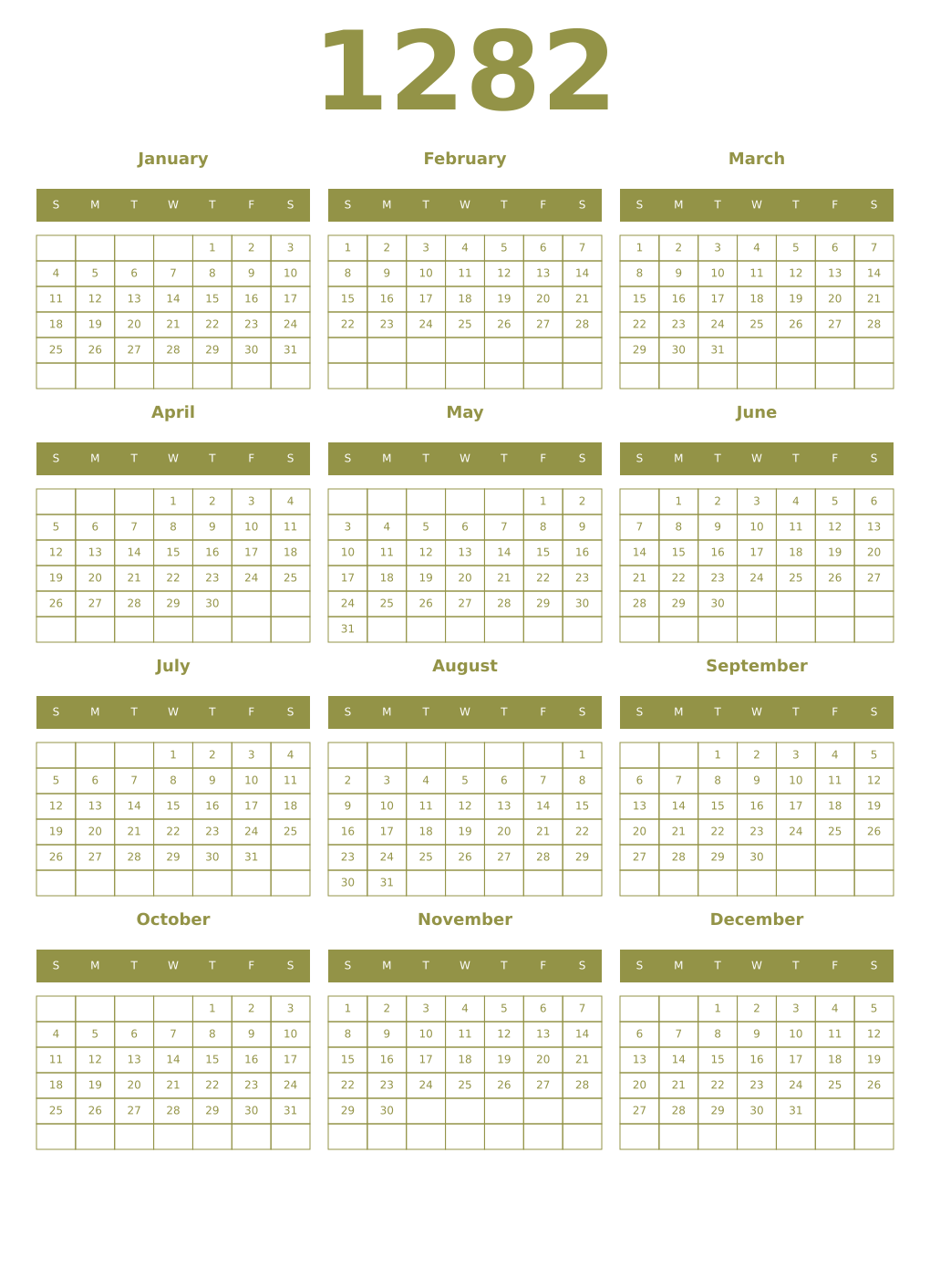 Printable 1282 Year Calendars eburnean