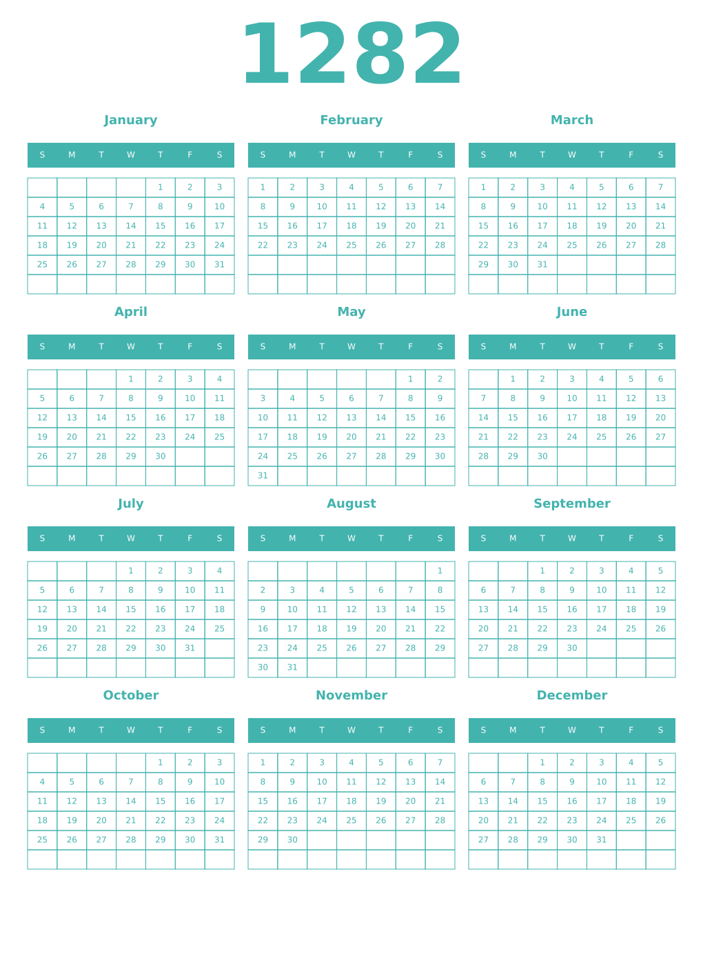 Printable 1282 Year Calendars verdigris