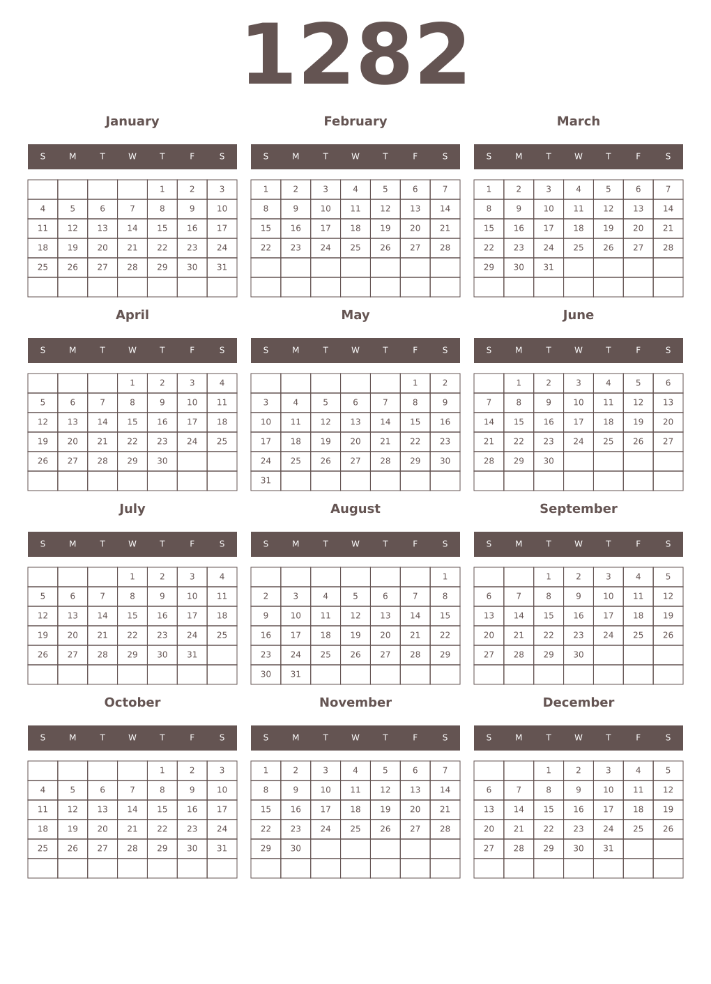 Printable 1282 Year Calendars wenge