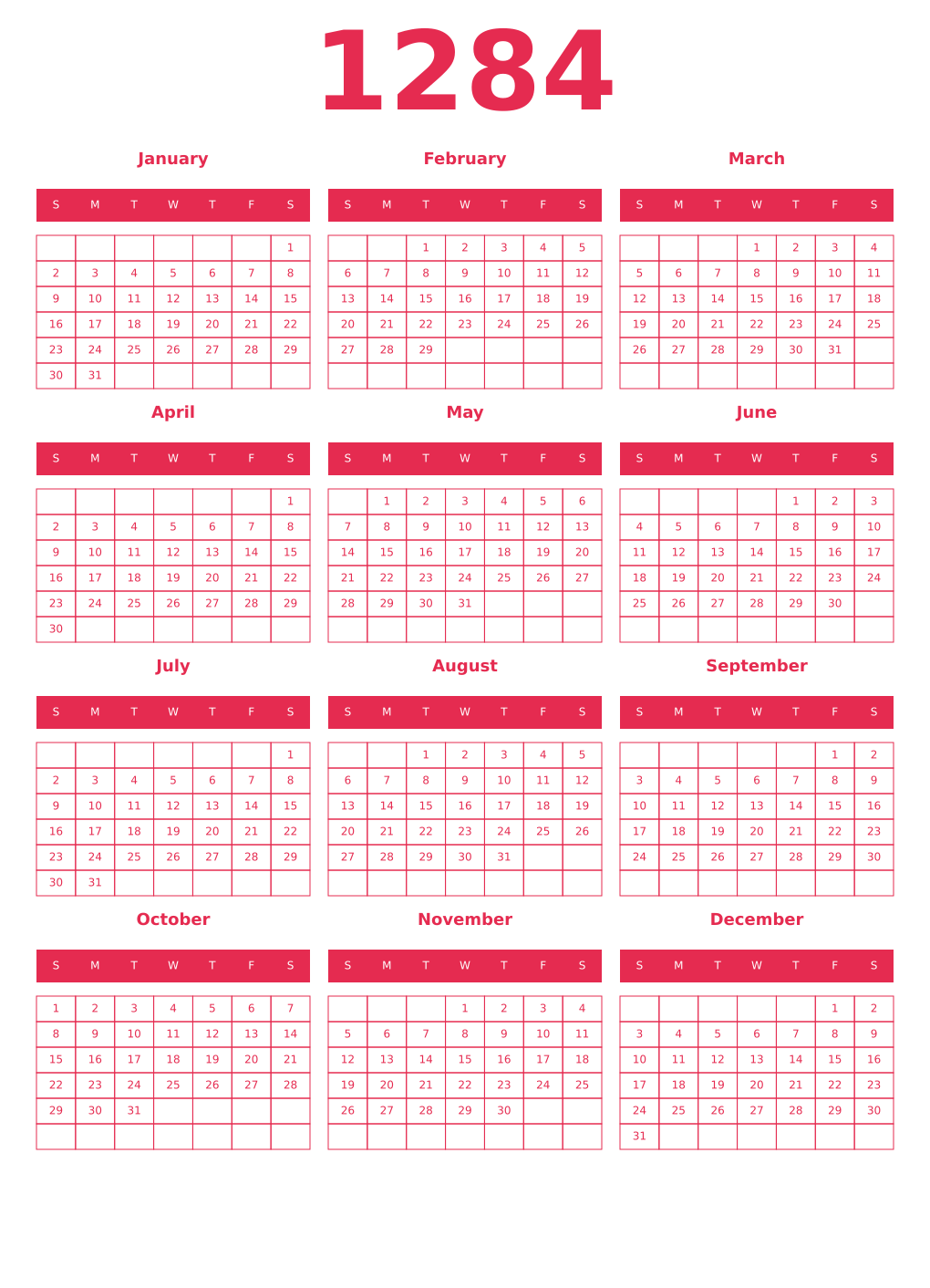 Printable 1284 Year Calendars amaranth
