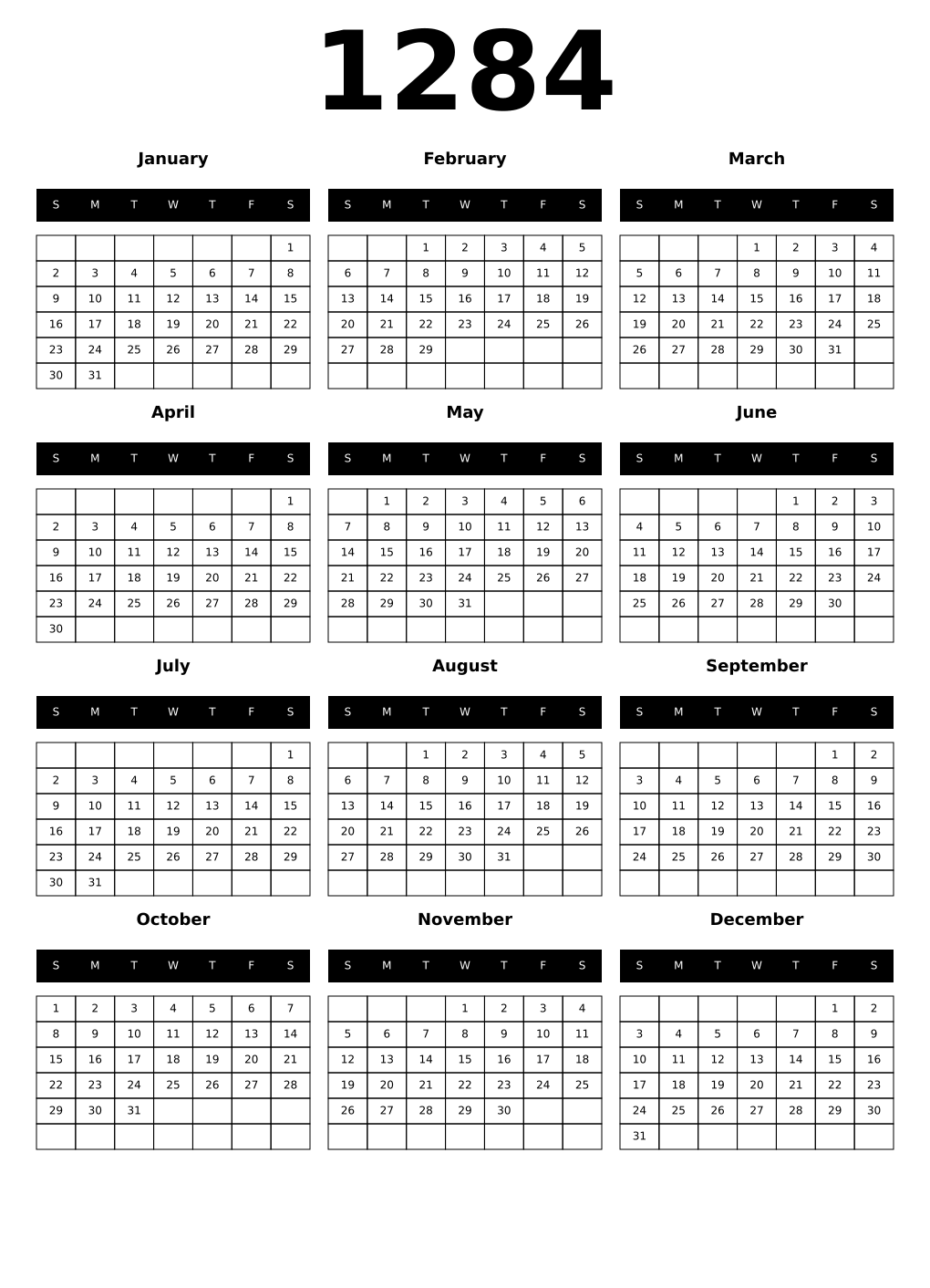 Printable 1284 Year Calendars black