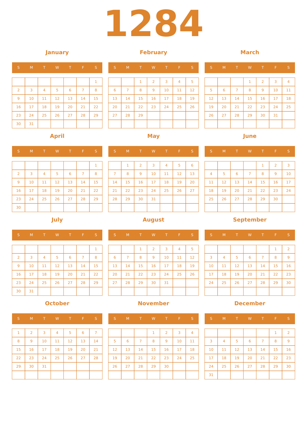 Printable 1284 Year Calendars orange