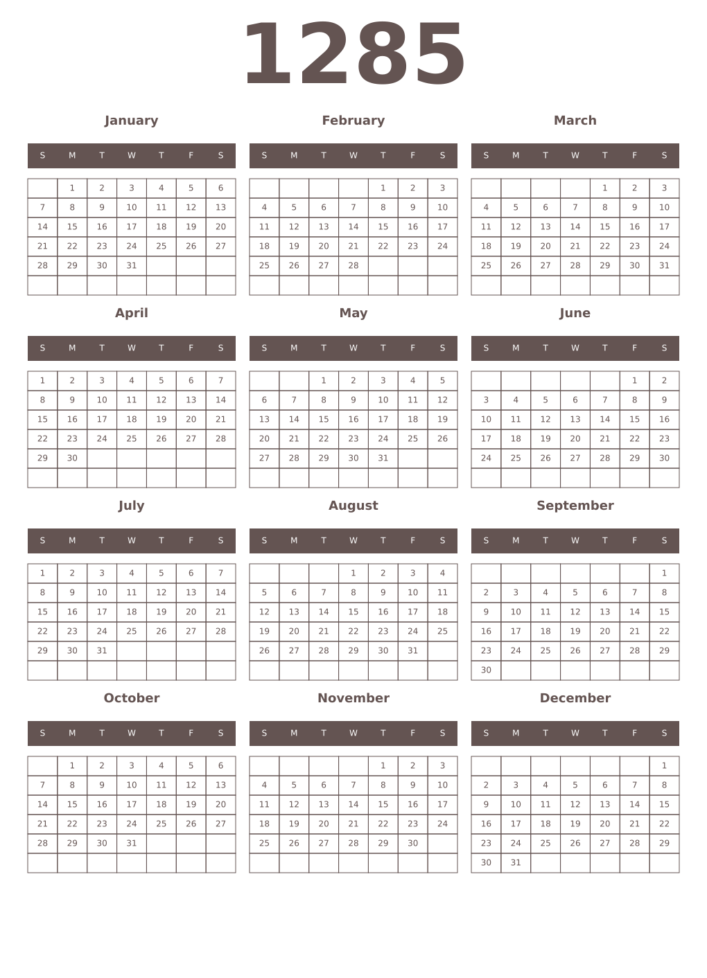 Printable 1285 Year Calendars wenge