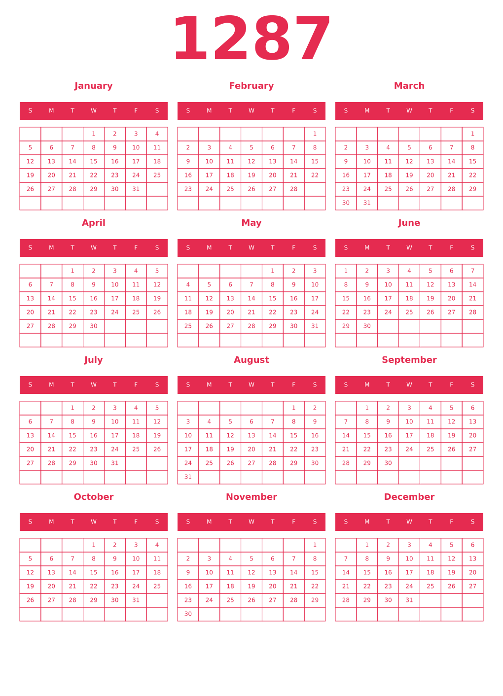 Printable 1287 Year Calendars amaranth