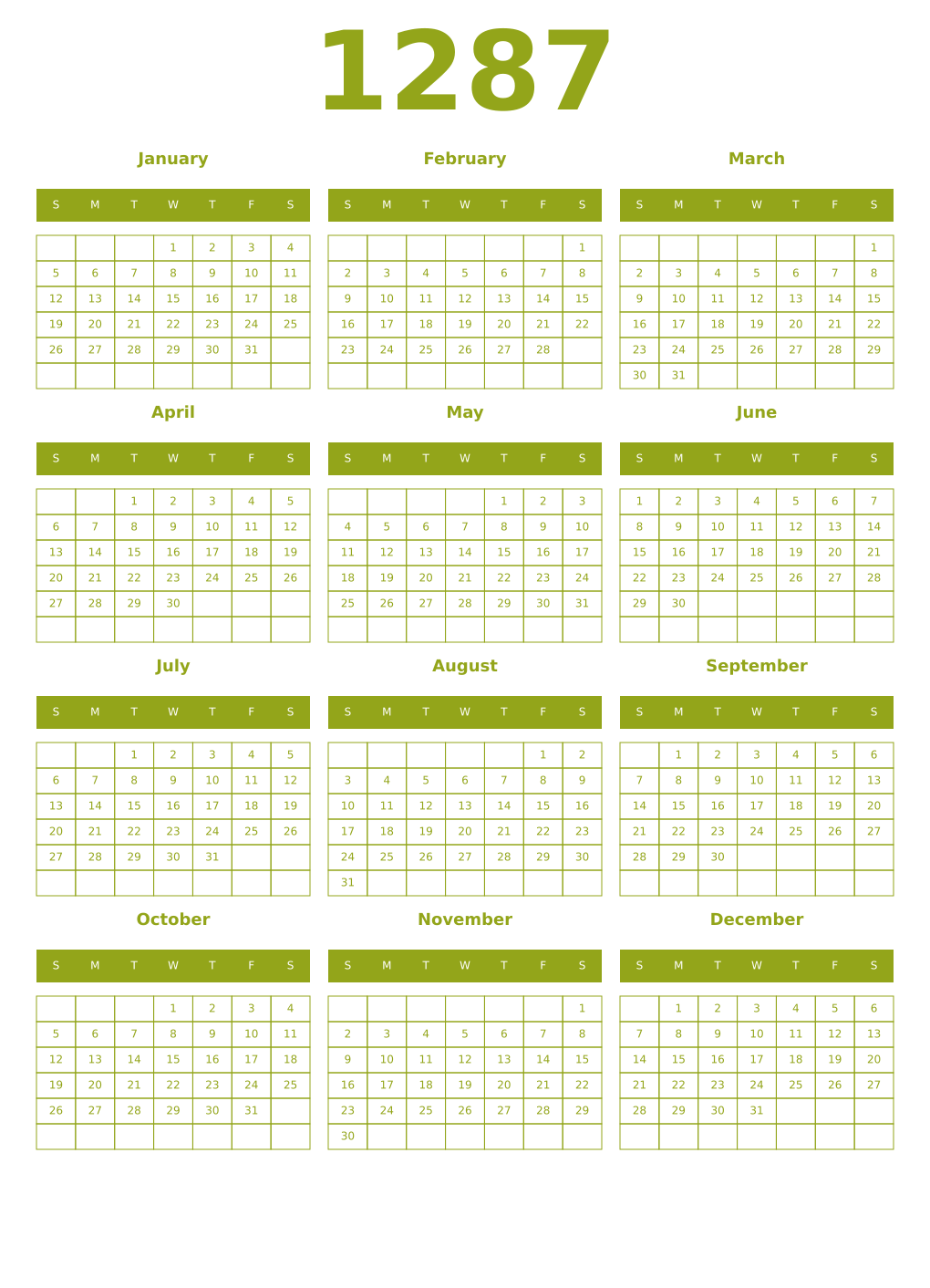 Printable 1287 Year Calendars chartreuse