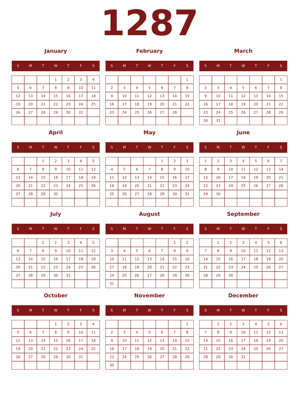 Printable 1287 Year Calendars falu