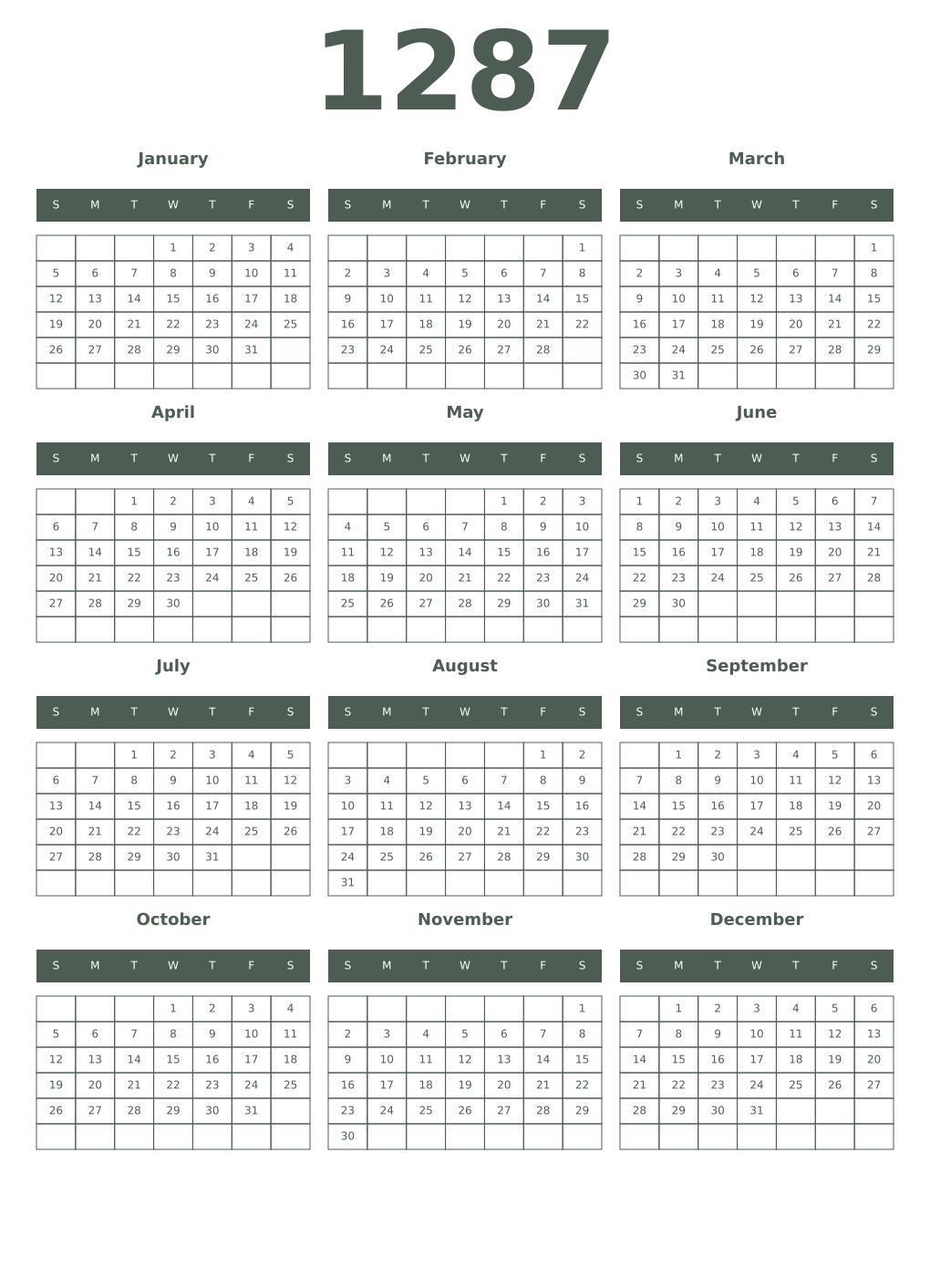Printable 1287 Year Calendars feldgrau