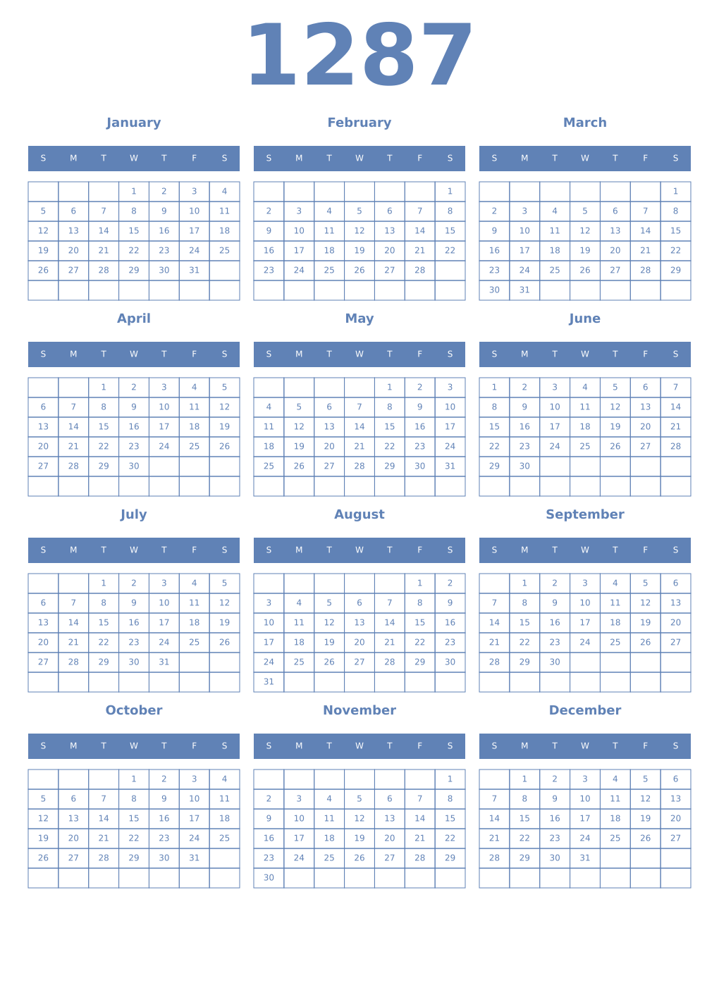 Printable 1287 Year Calendars glaucous