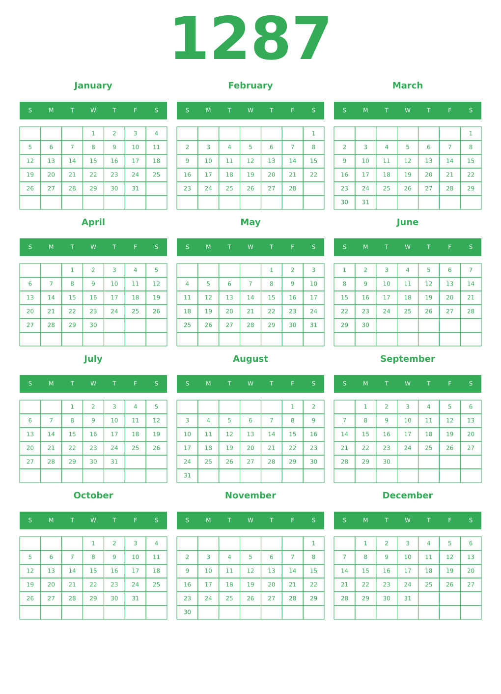 Printable 1287 Year Calendars green