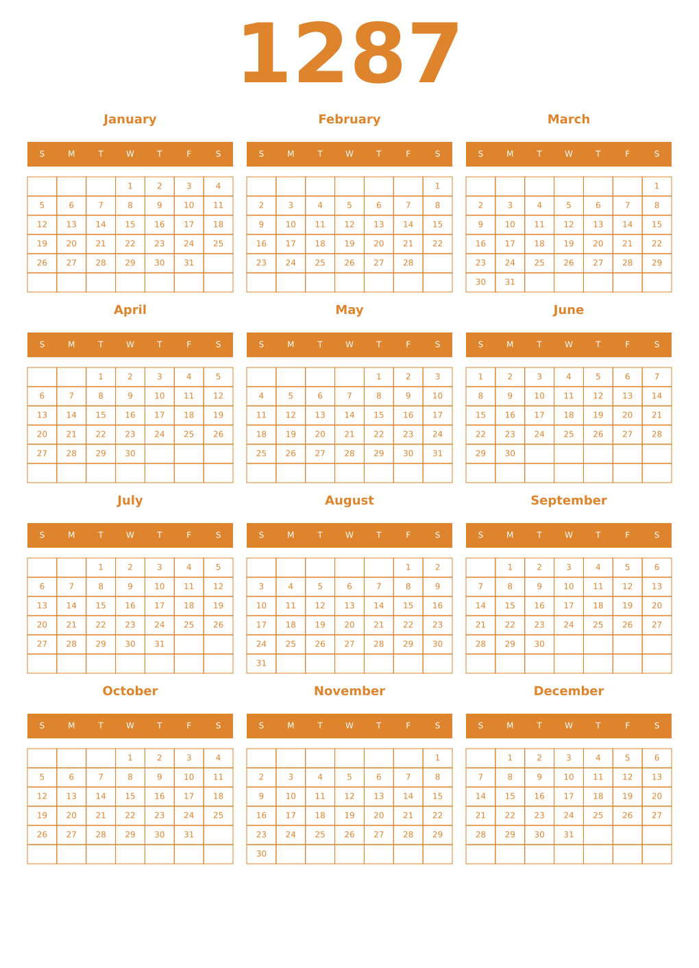 Printable 1287 Year Calendars orange