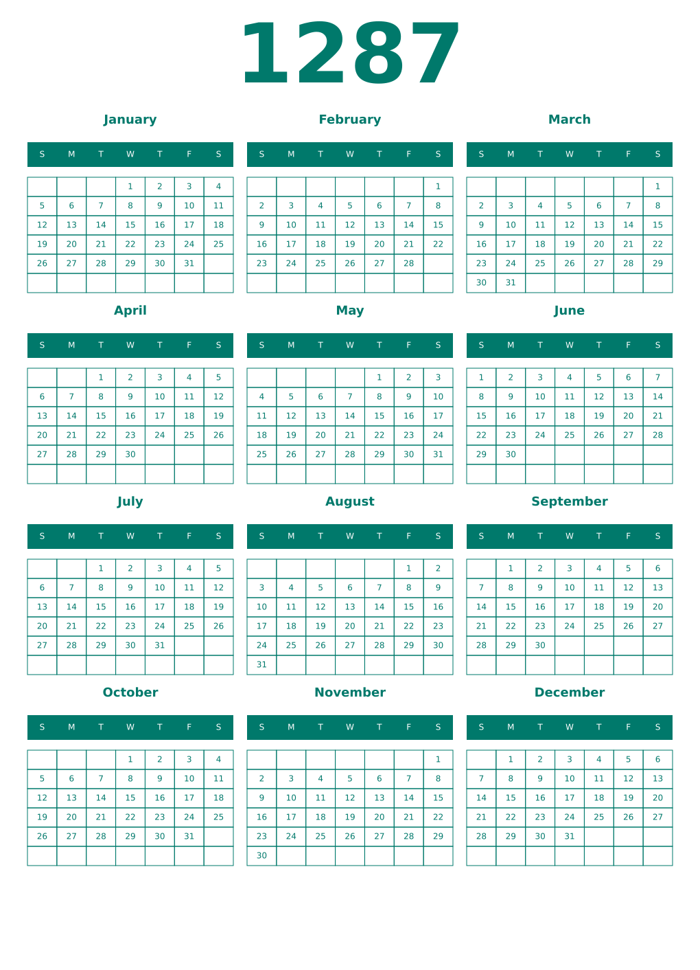 Printable 1287 Year Calendars pastel