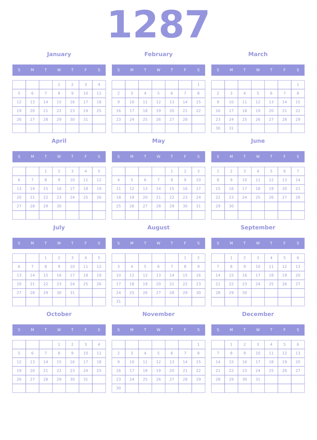 Printable 1287 Year Calendars periwinkle