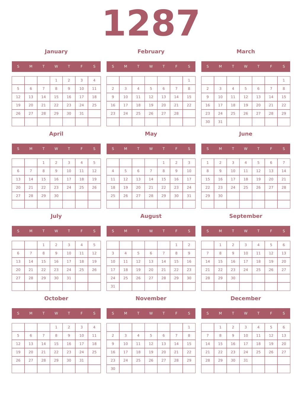 Printable 1287 Year Calendars puce
