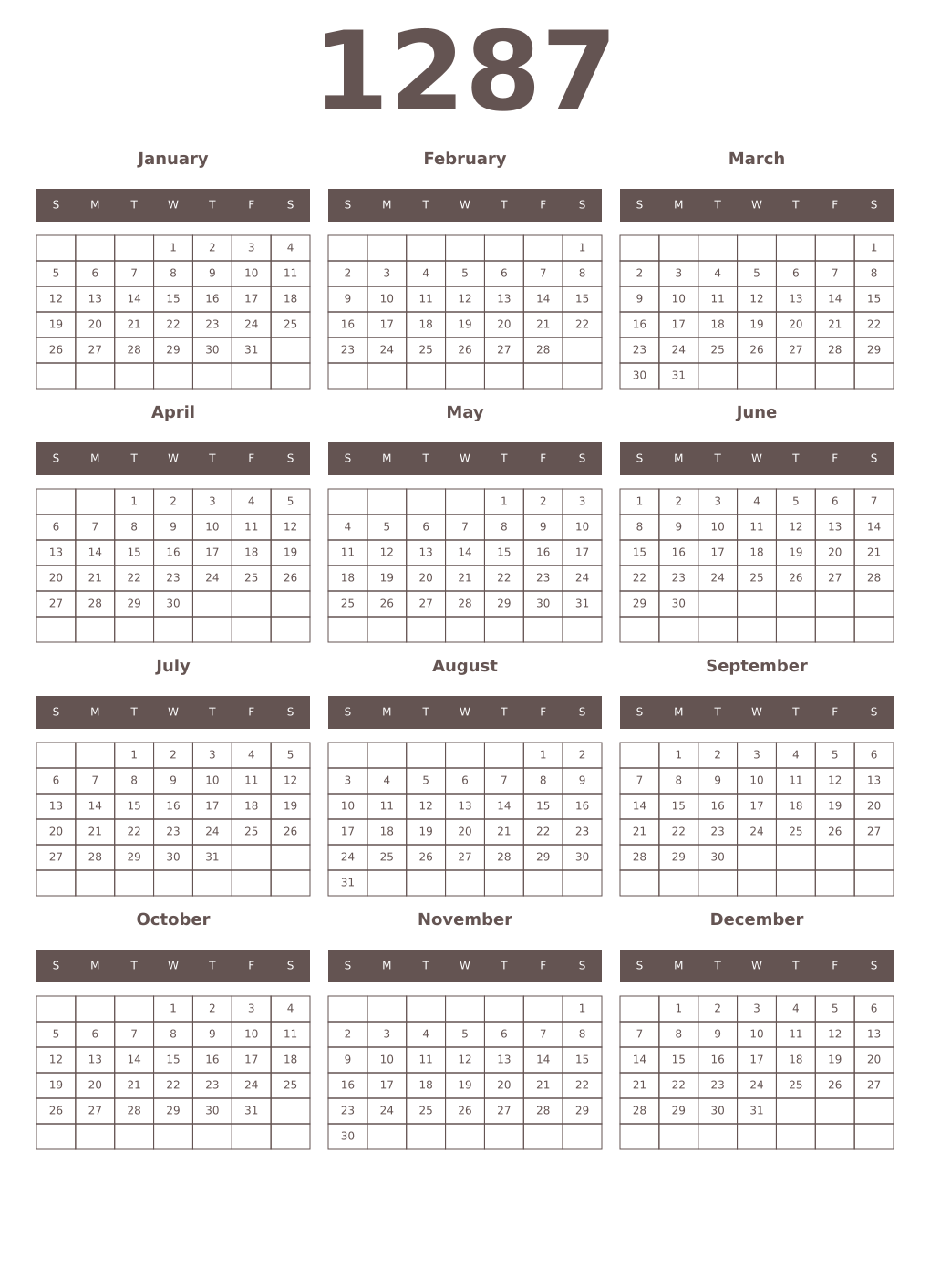 Printable 1287 Year Calendars wenge