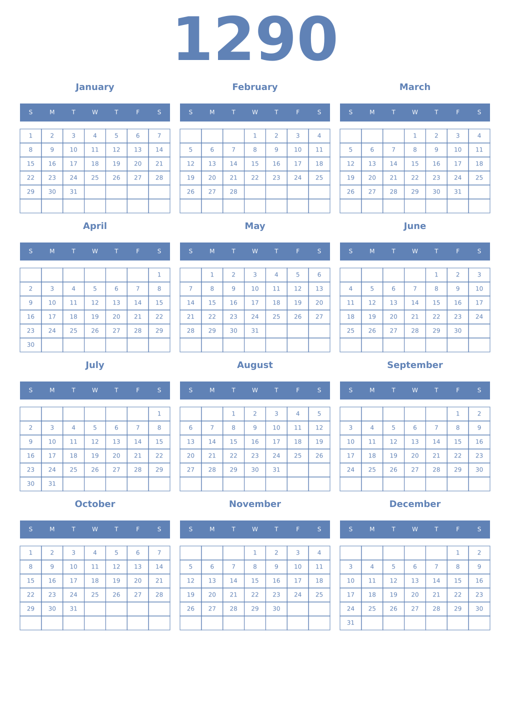 Printable 1290 Year Calendars glaucous