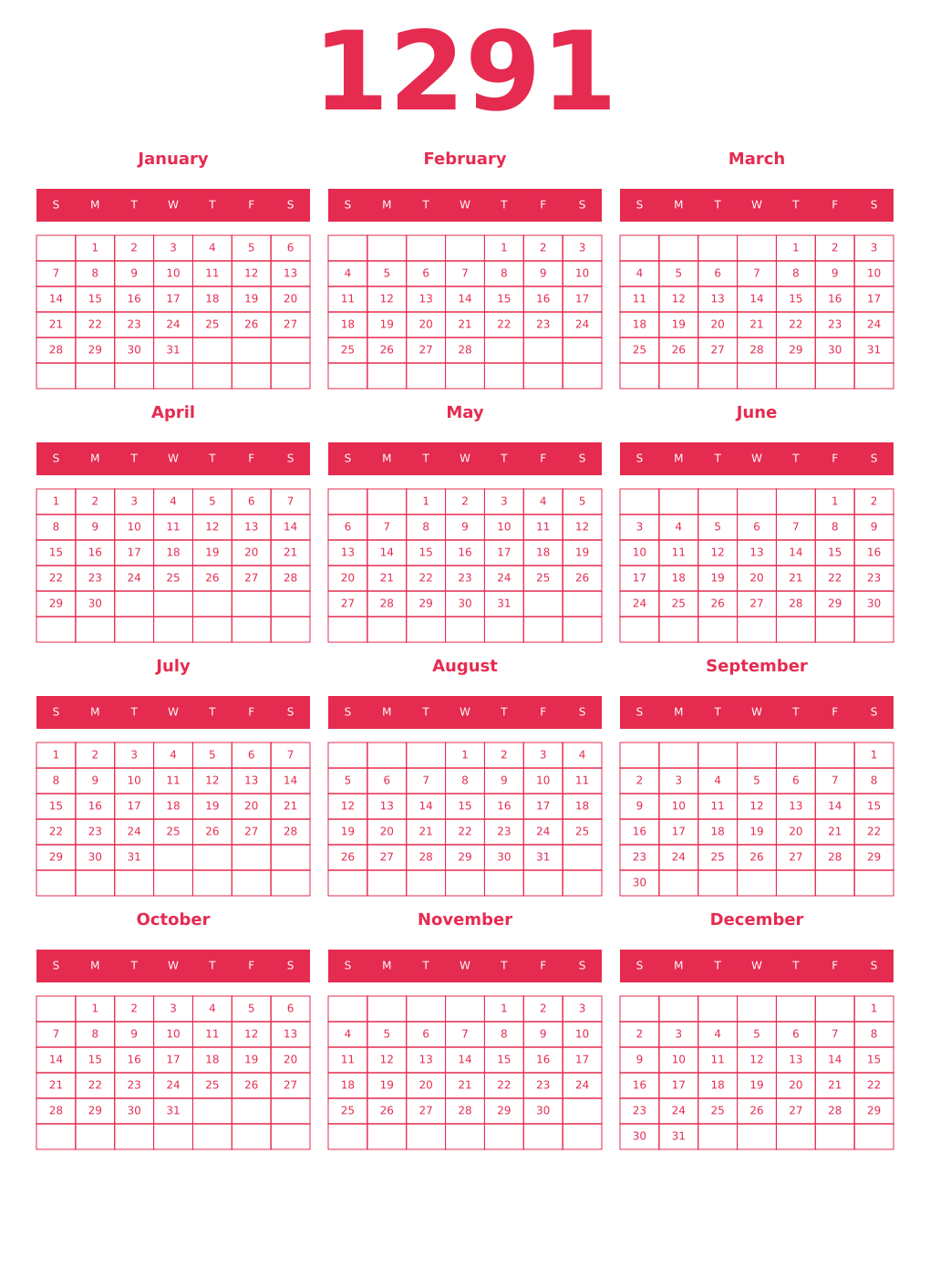 Printable 1291 Year Calendars amaranth