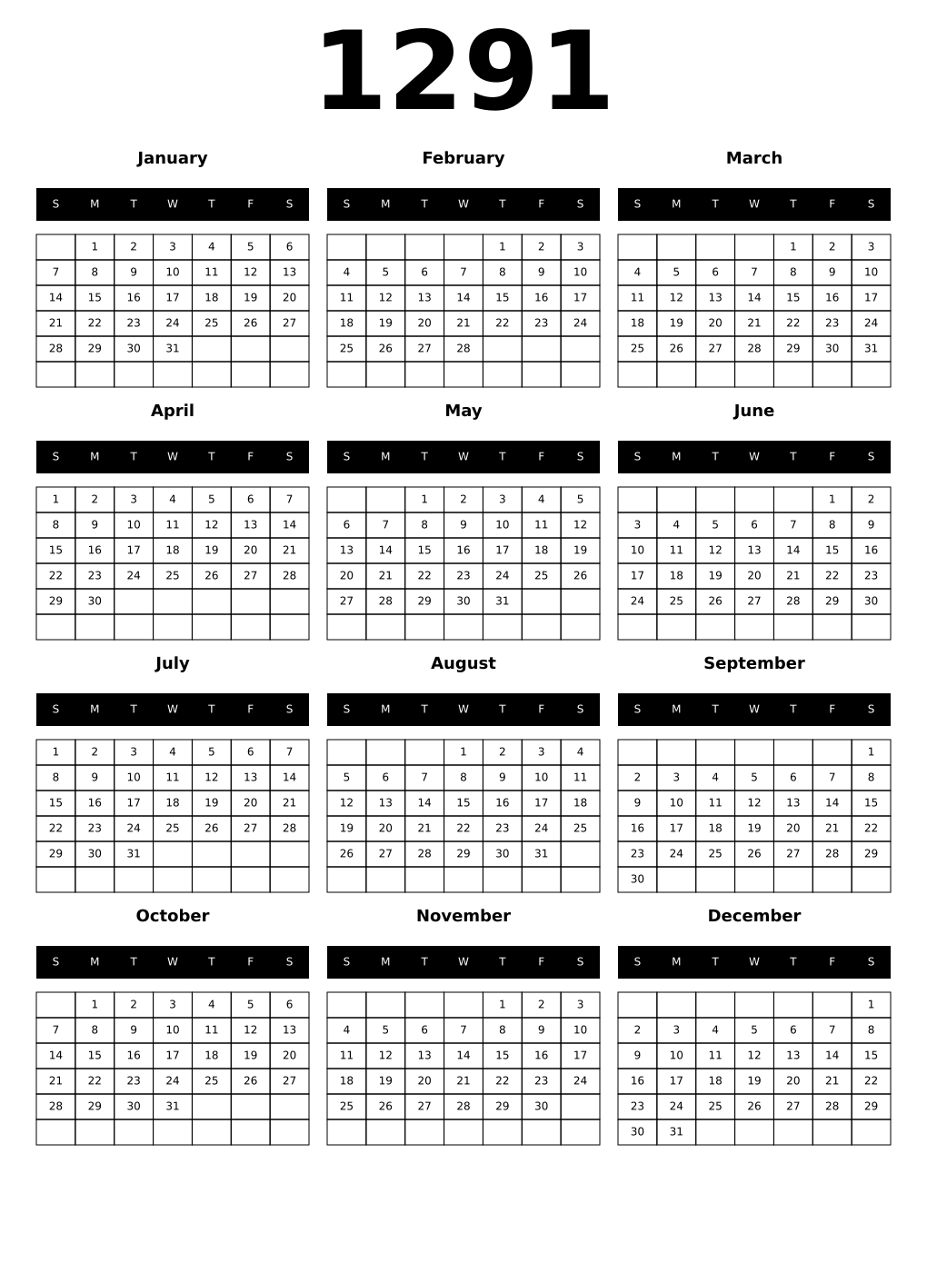 Printable 1291 Year Calendars black