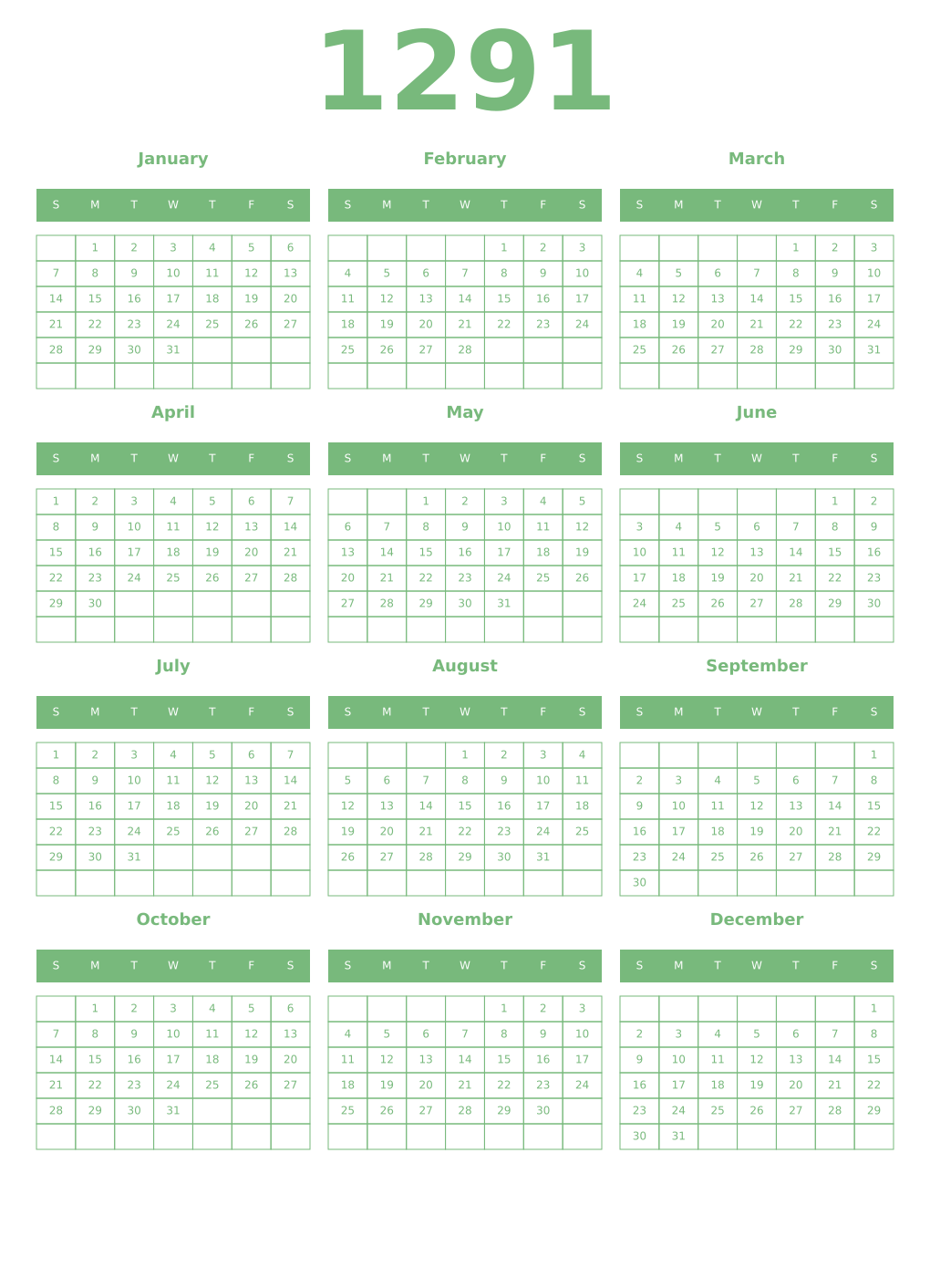 Printable 1291 Year Calendars celadon