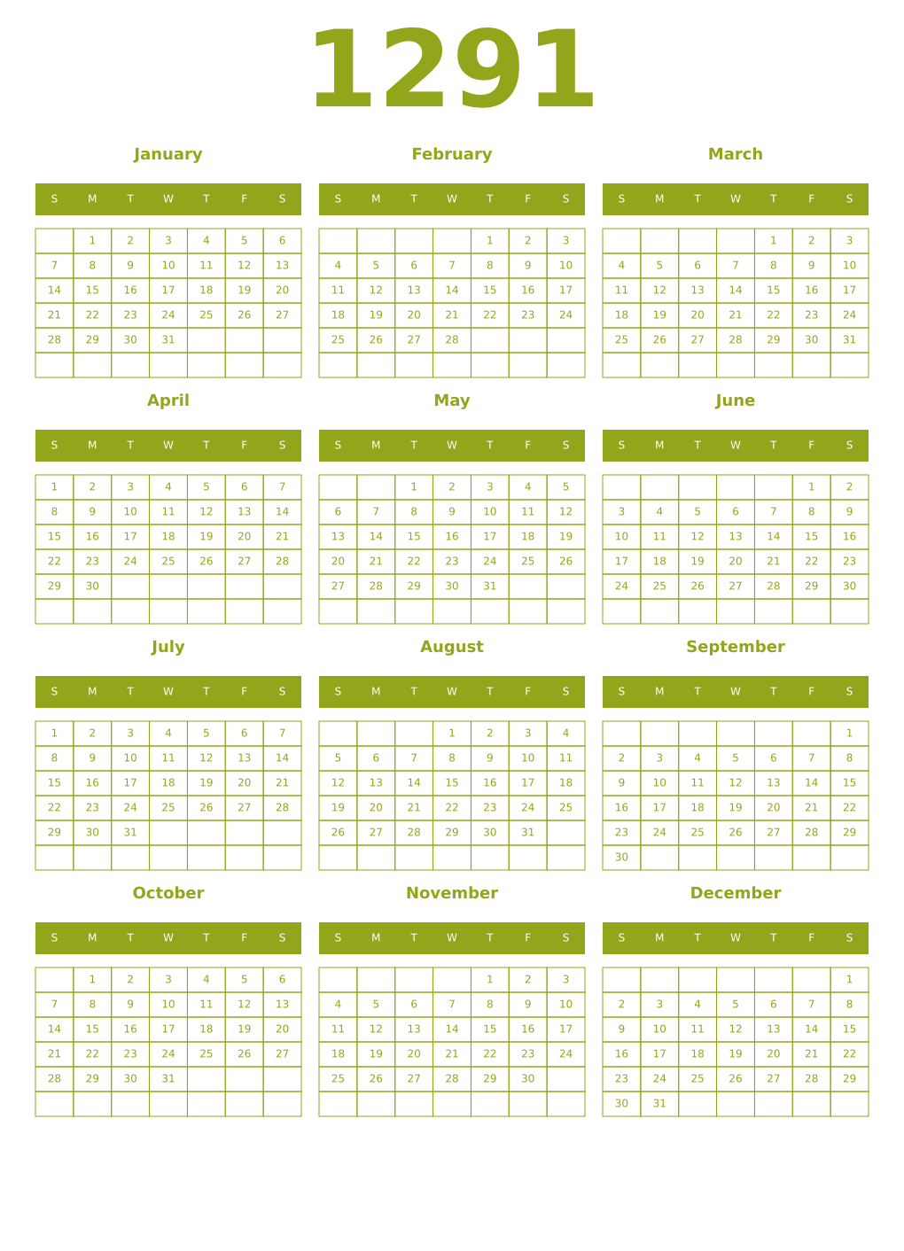 Printable 1291 Year Calendars chartreuse