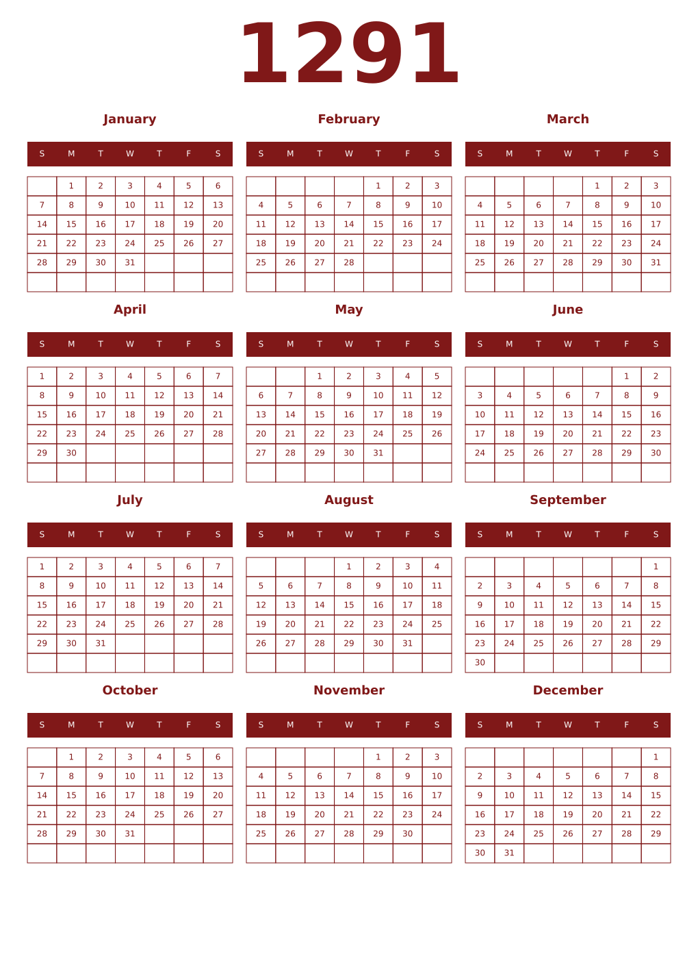 Printable 1291 Year Calendars falu
