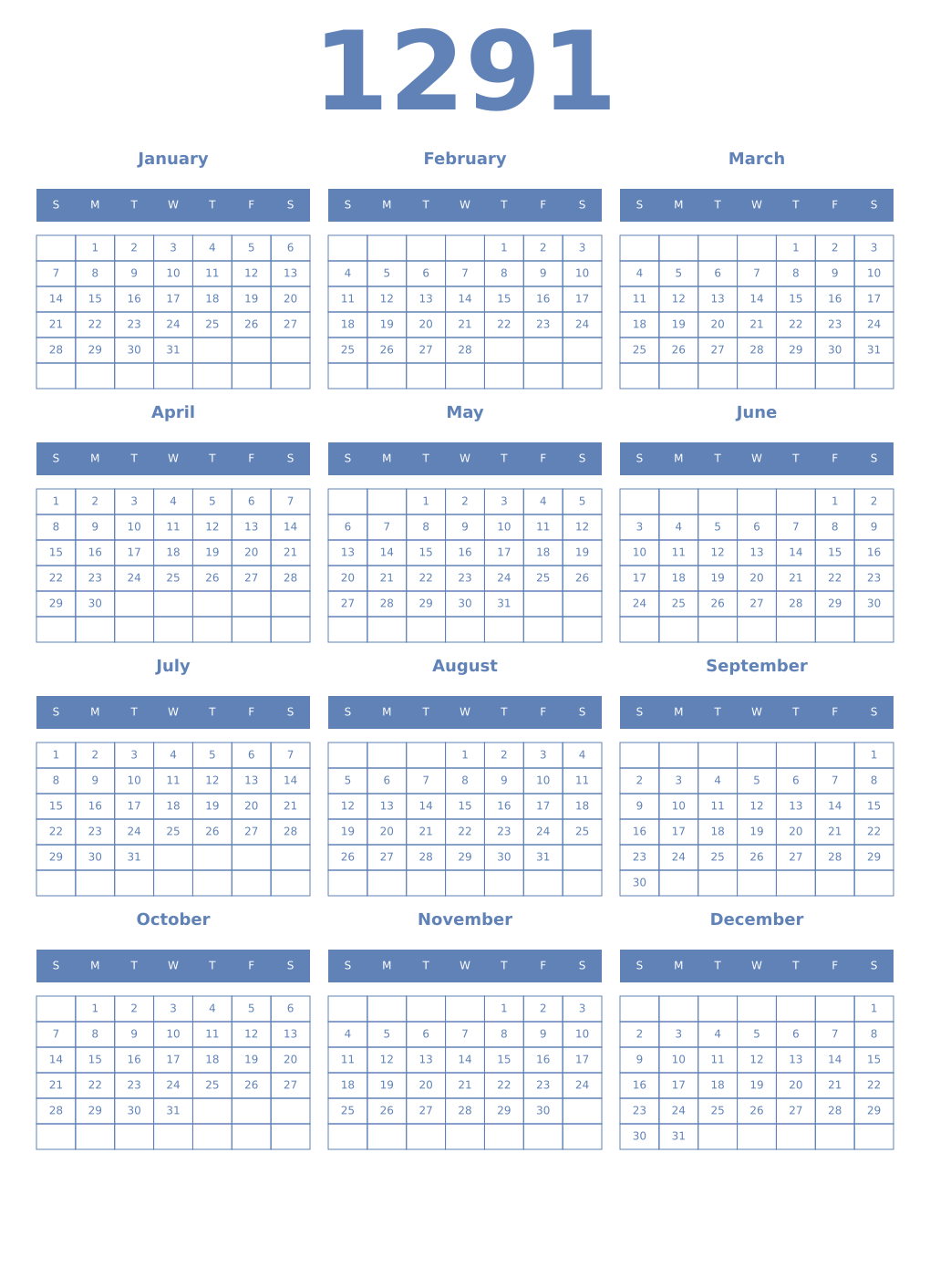 Printable 1291 Year Calendars glaucous