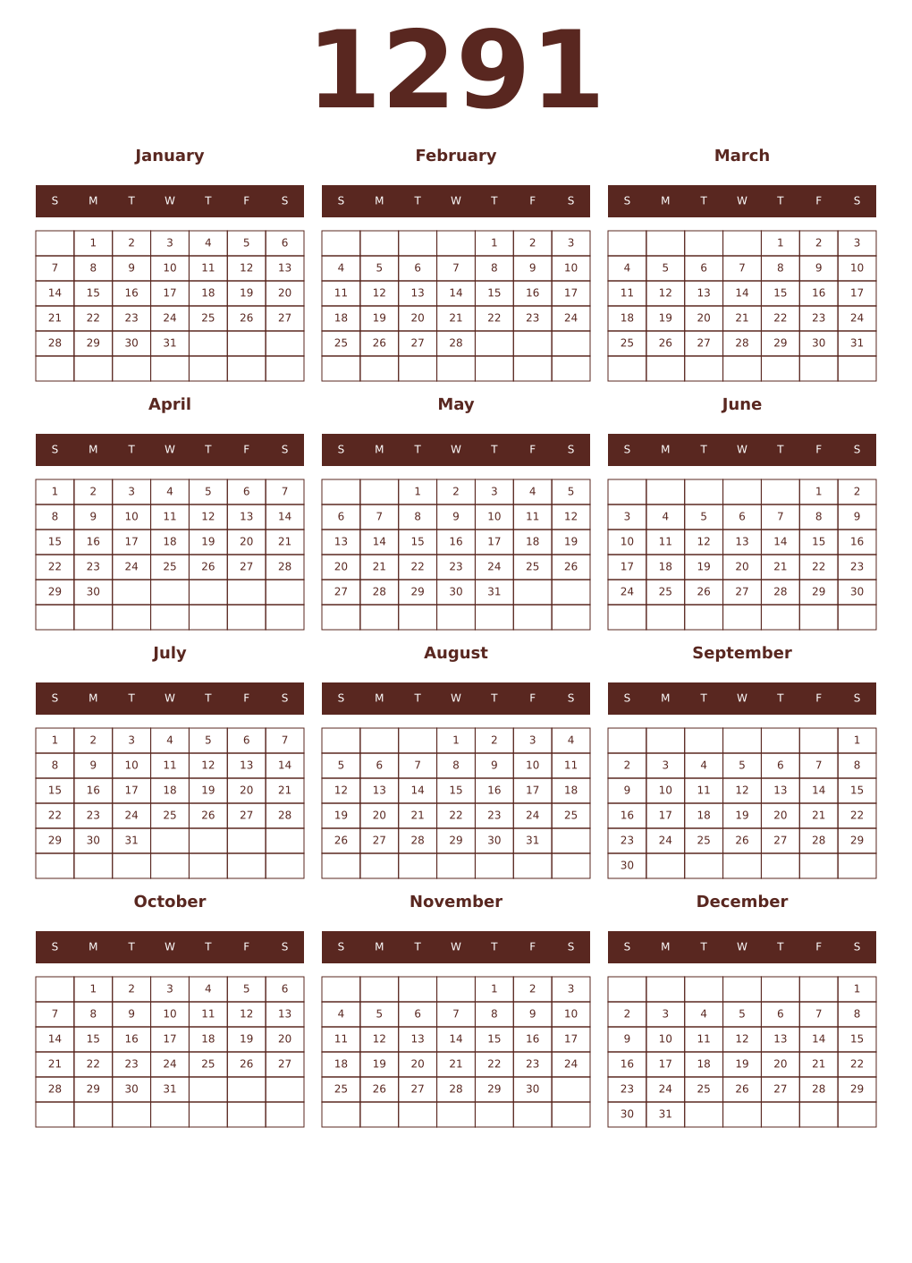 Printable 1291 Year Calendars mortuum