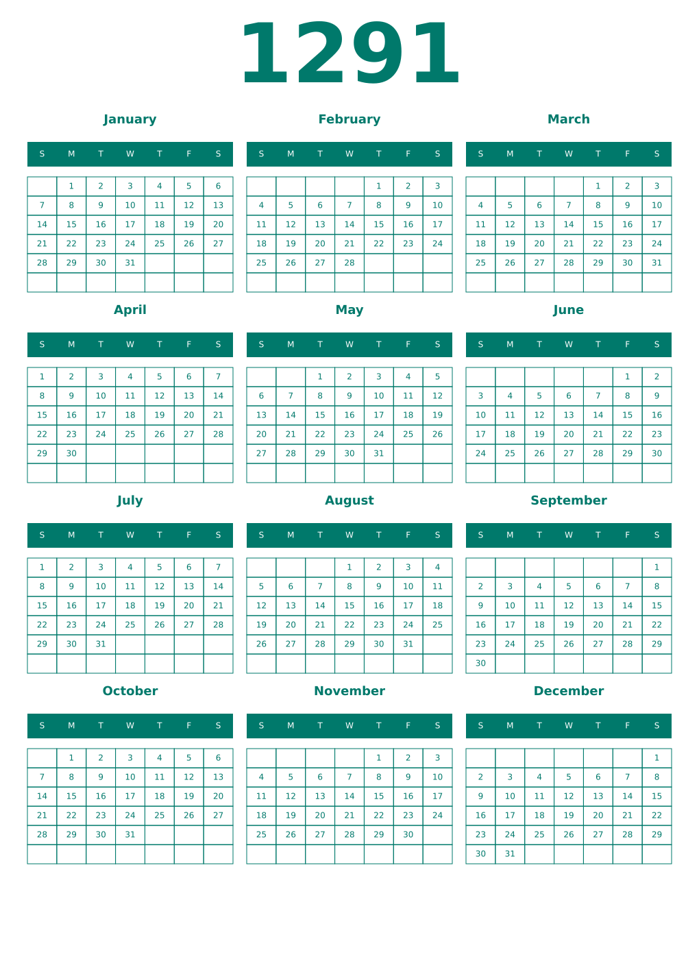 Printable 1291 Year Calendars pastel