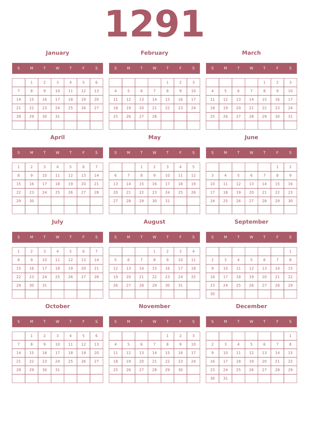 Printable 1291 Year Calendars puce