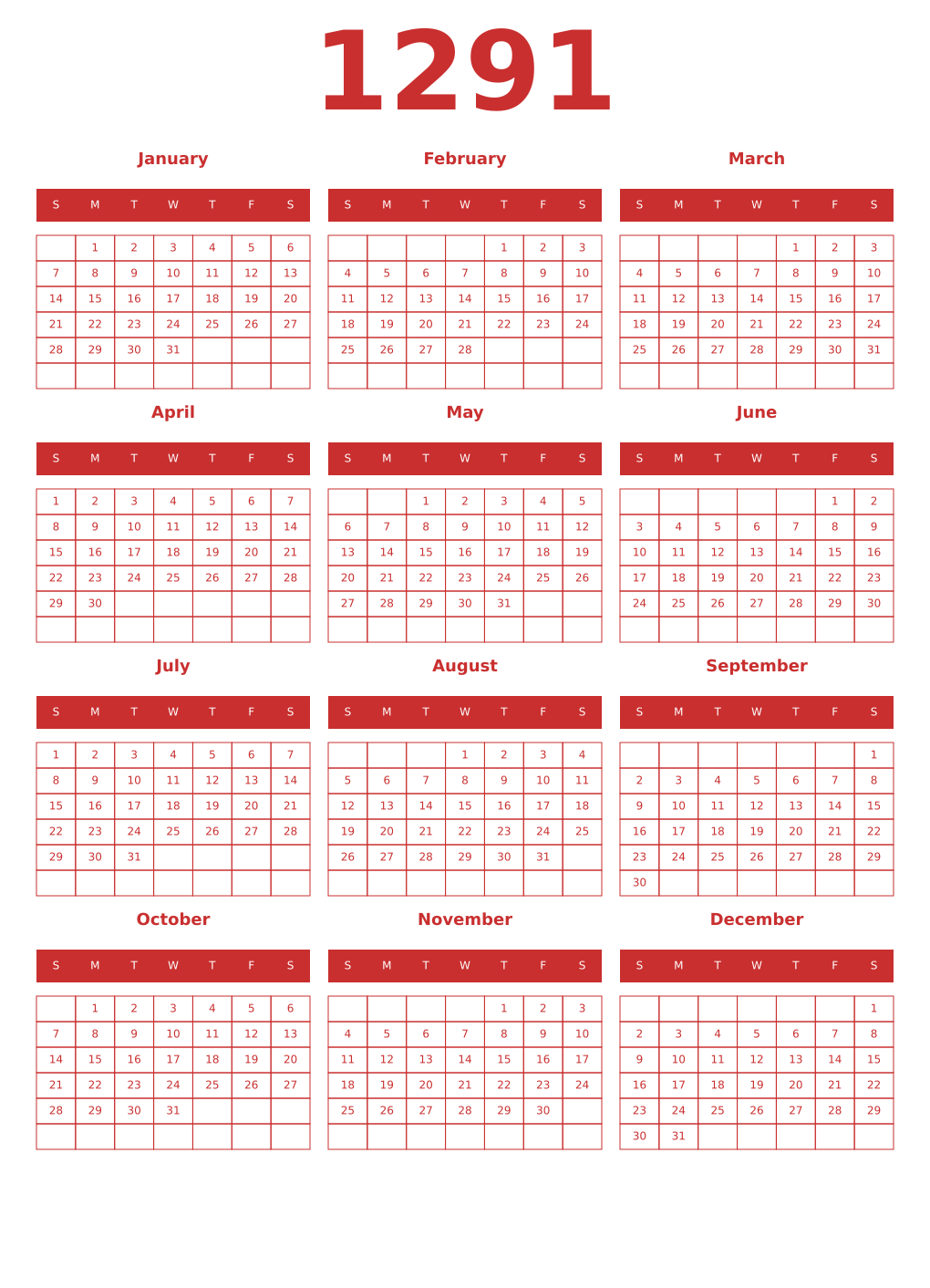 Printable 1291 Year Calendars red
