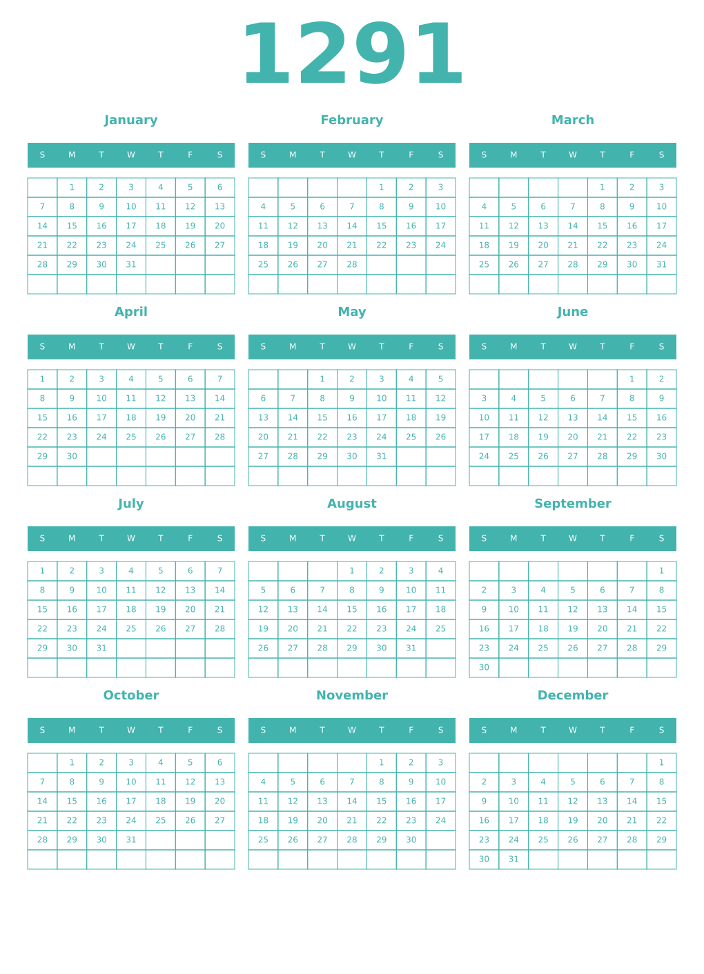 Printable 1291 Year Calendars verdigris