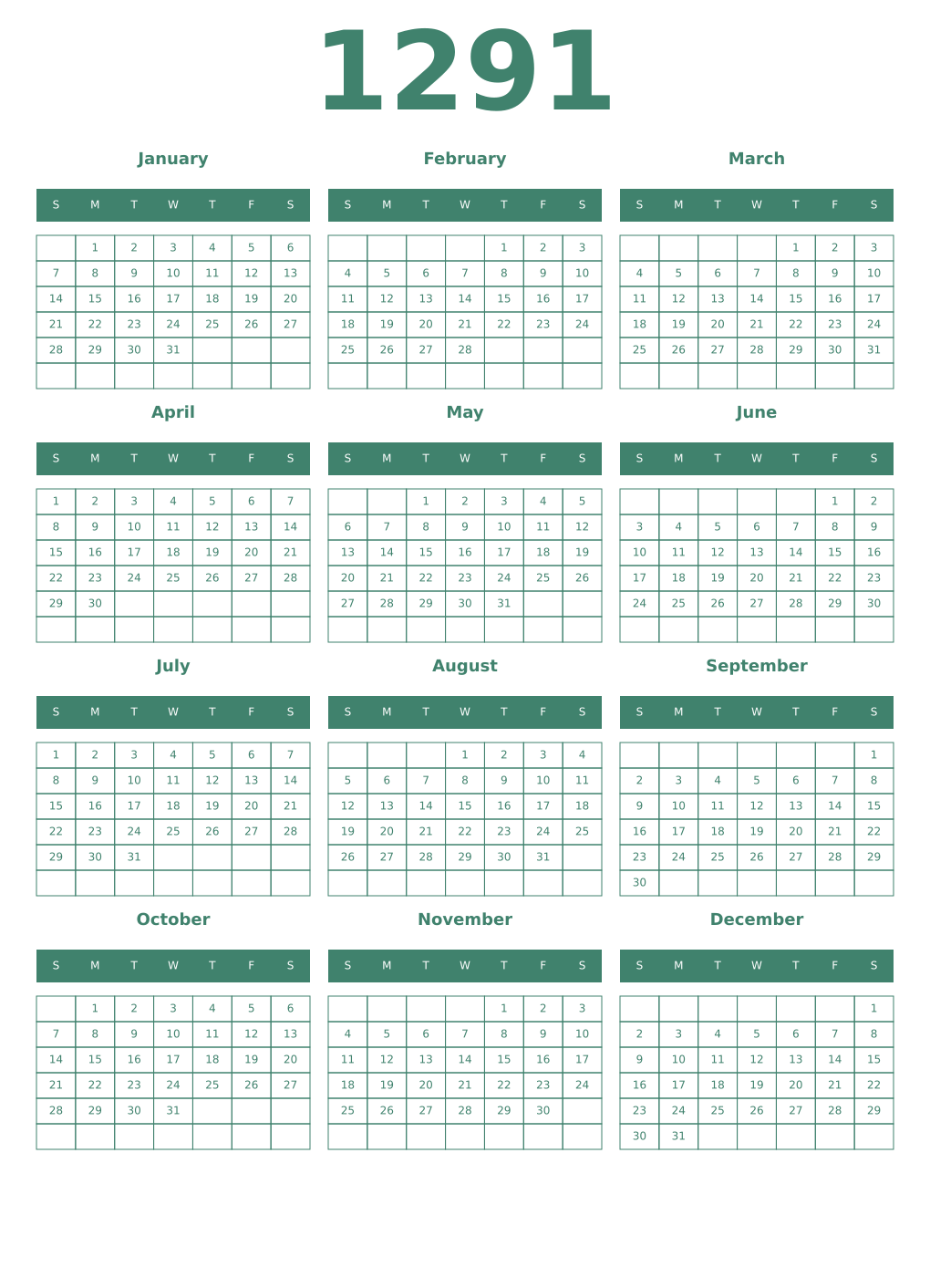 Printable 1291 Year Calendars viridian