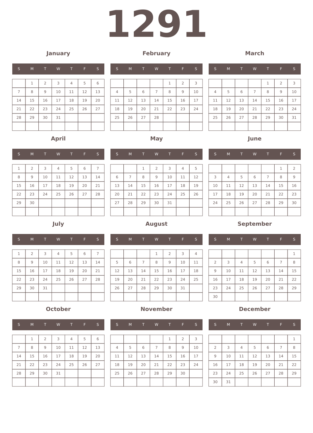Printable 1291 Year Calendars wenge