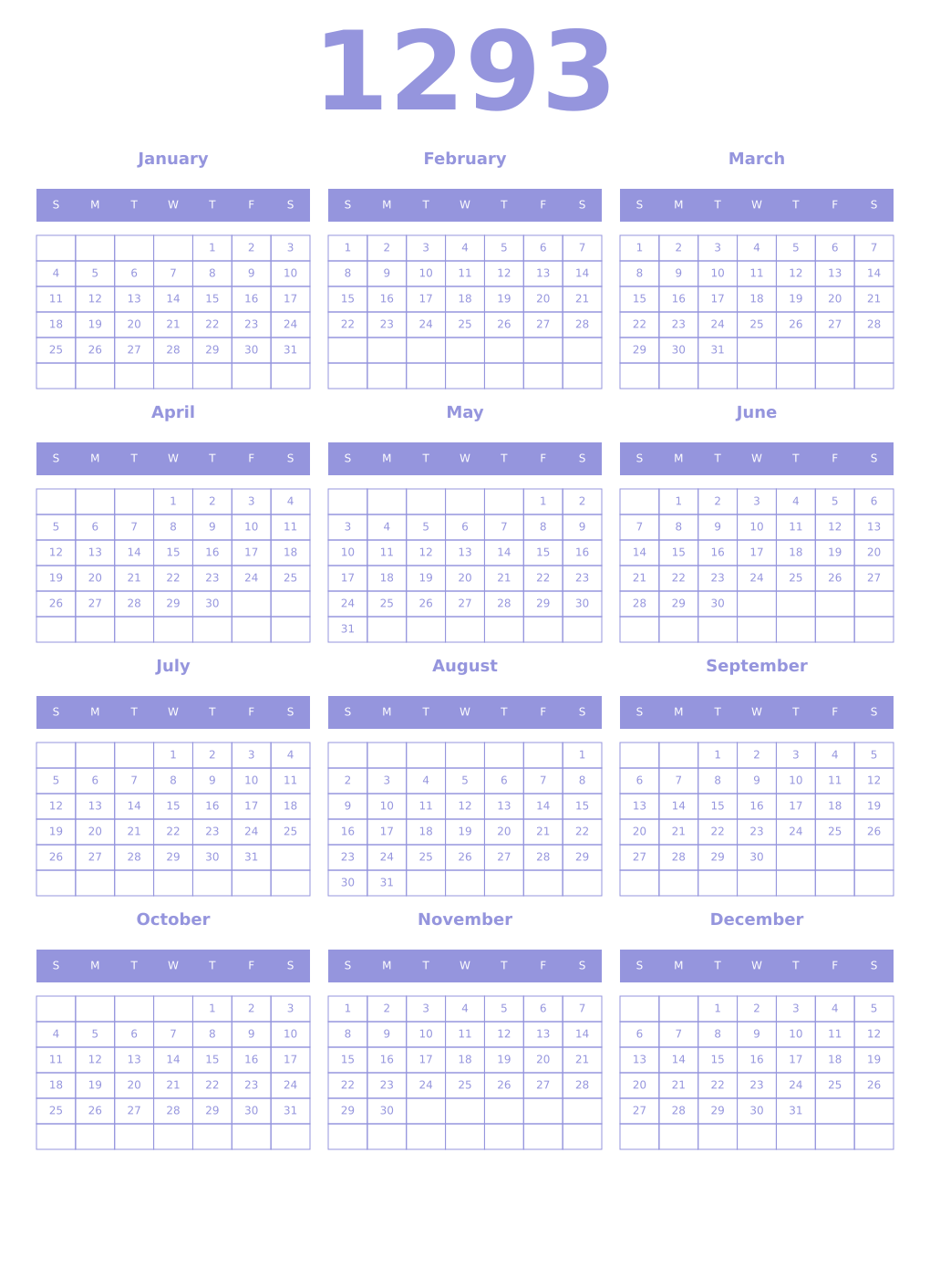 Printable 1293 Year Calendars periwinkle