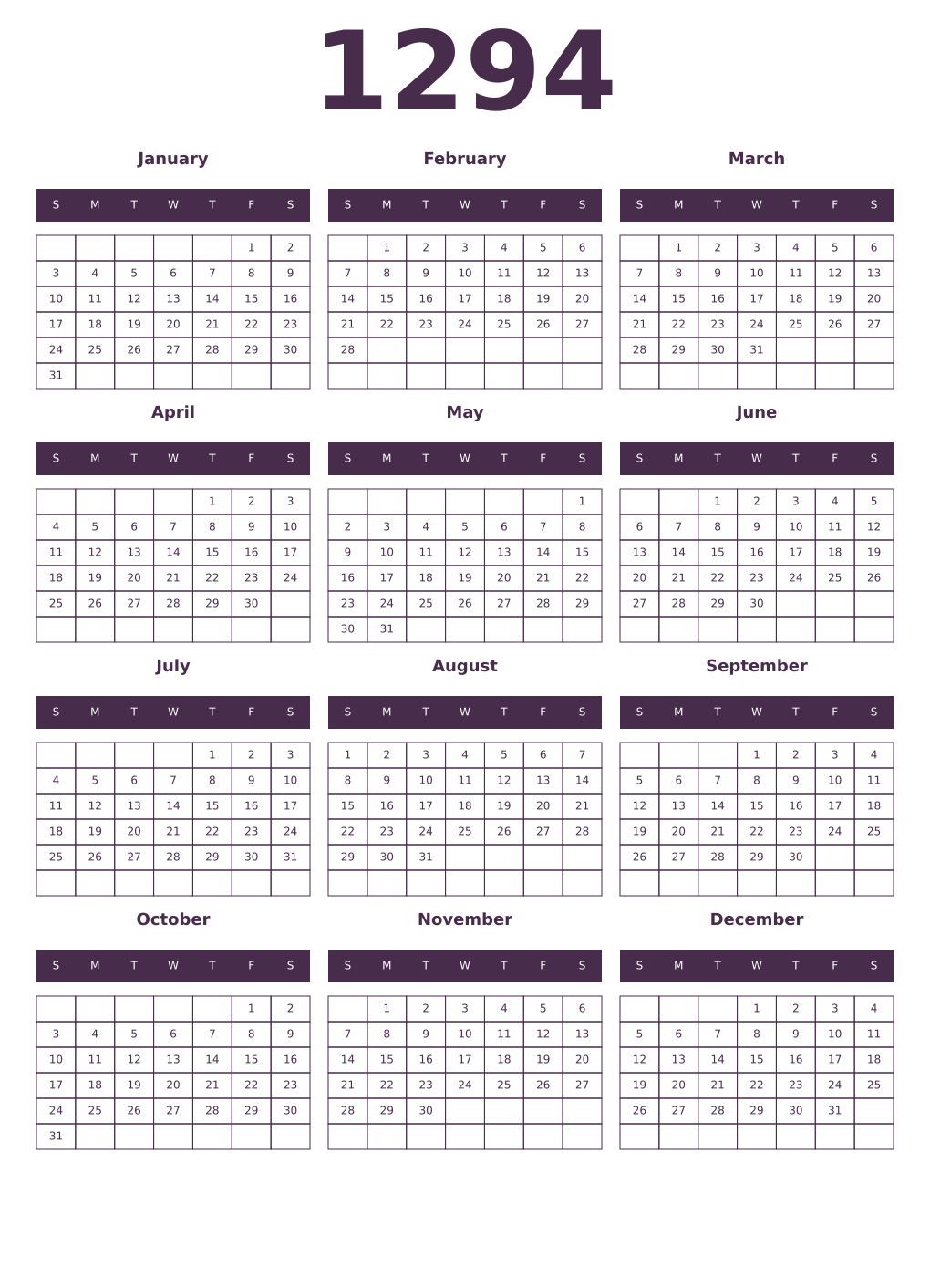 Printable 1294 Year Calendars aubergine