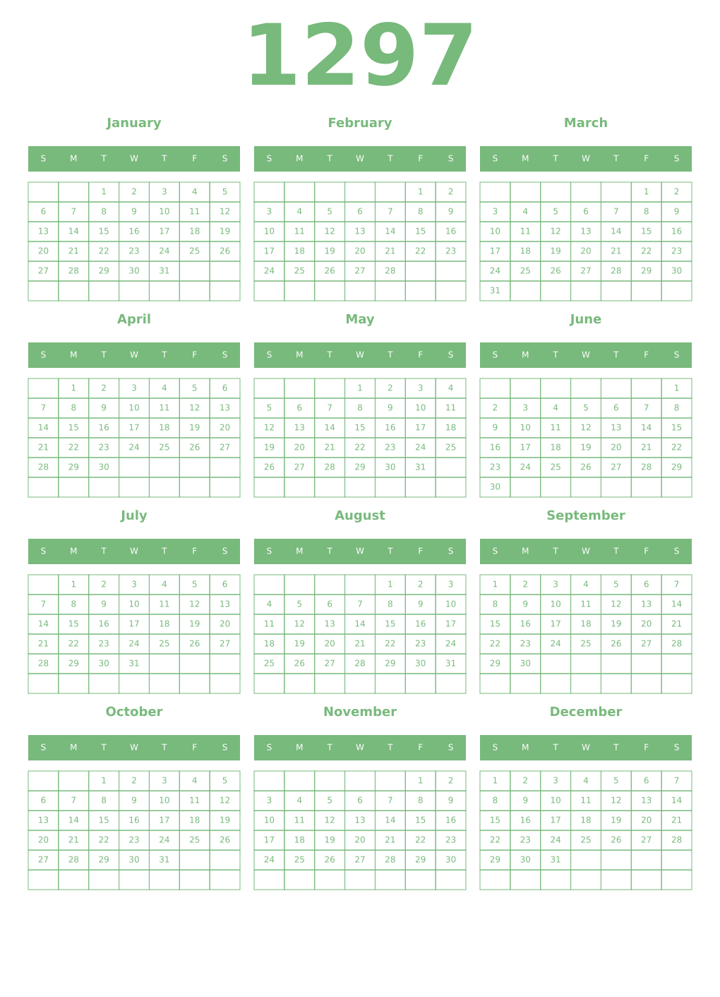 Printable 1297 Year Calendars celadon