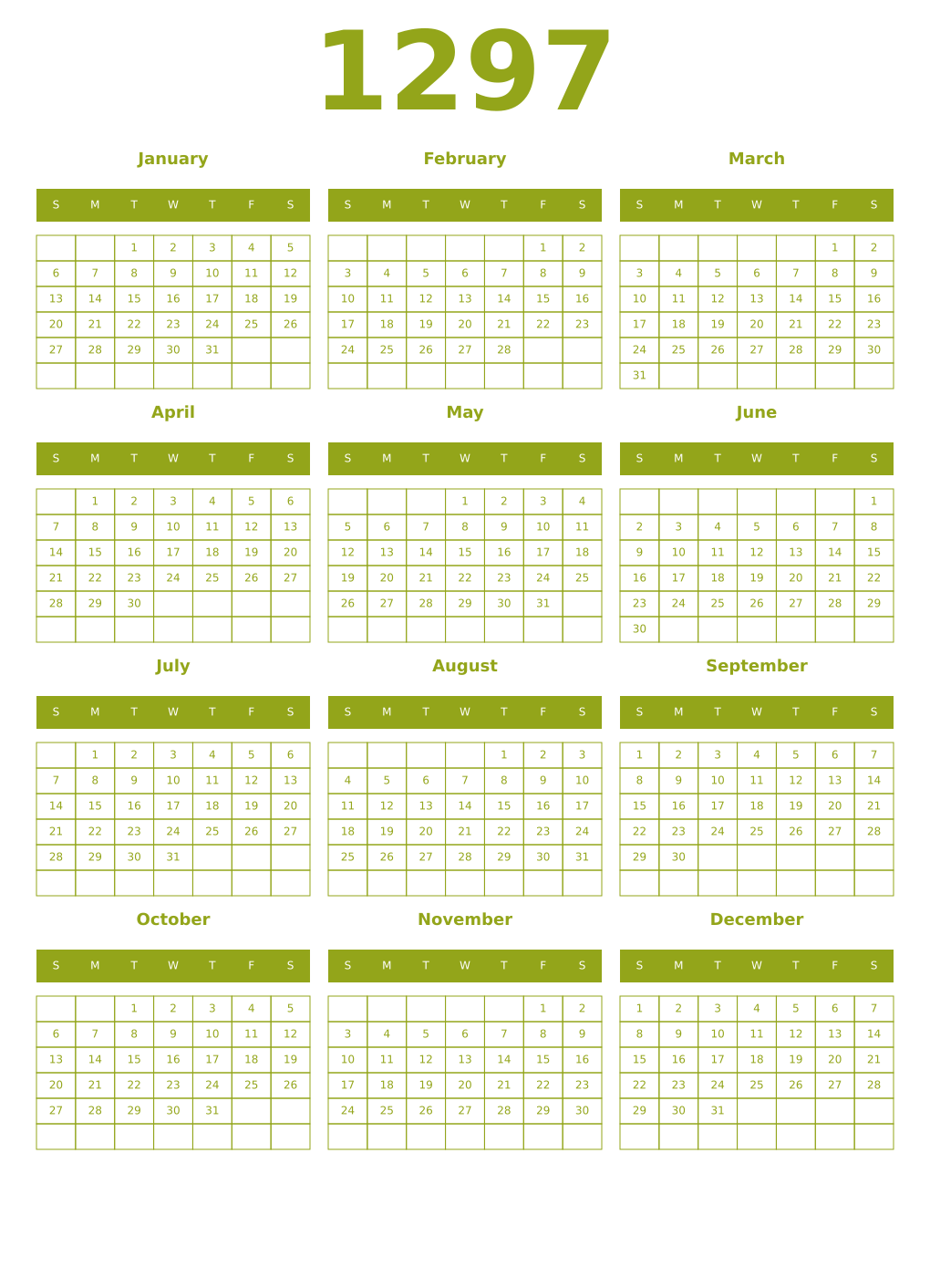 Printable 1297 Year Calendars chartreuse