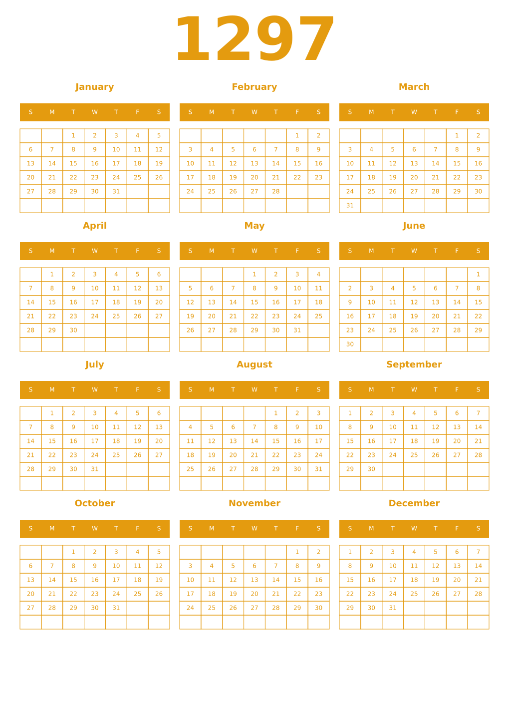 Printable 1297 Year Calendars gamboge