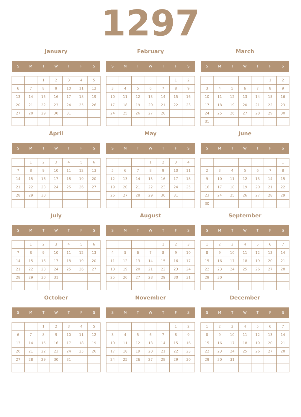 Printable 1297 Year Calendars isabelline