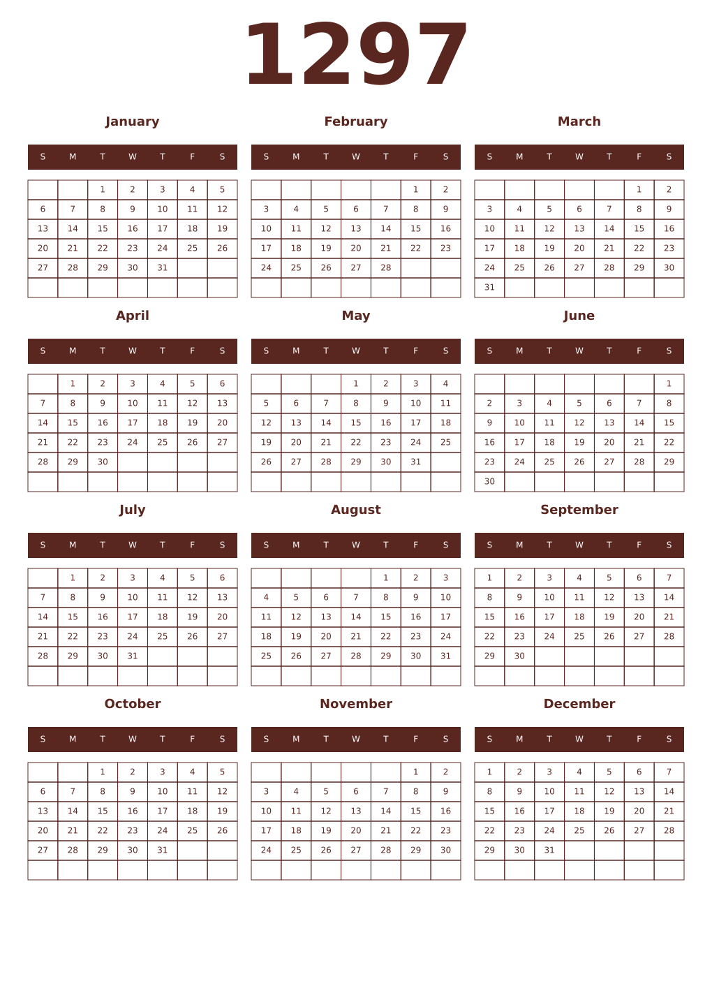 Printable 1297 Year Calendars mortuum
